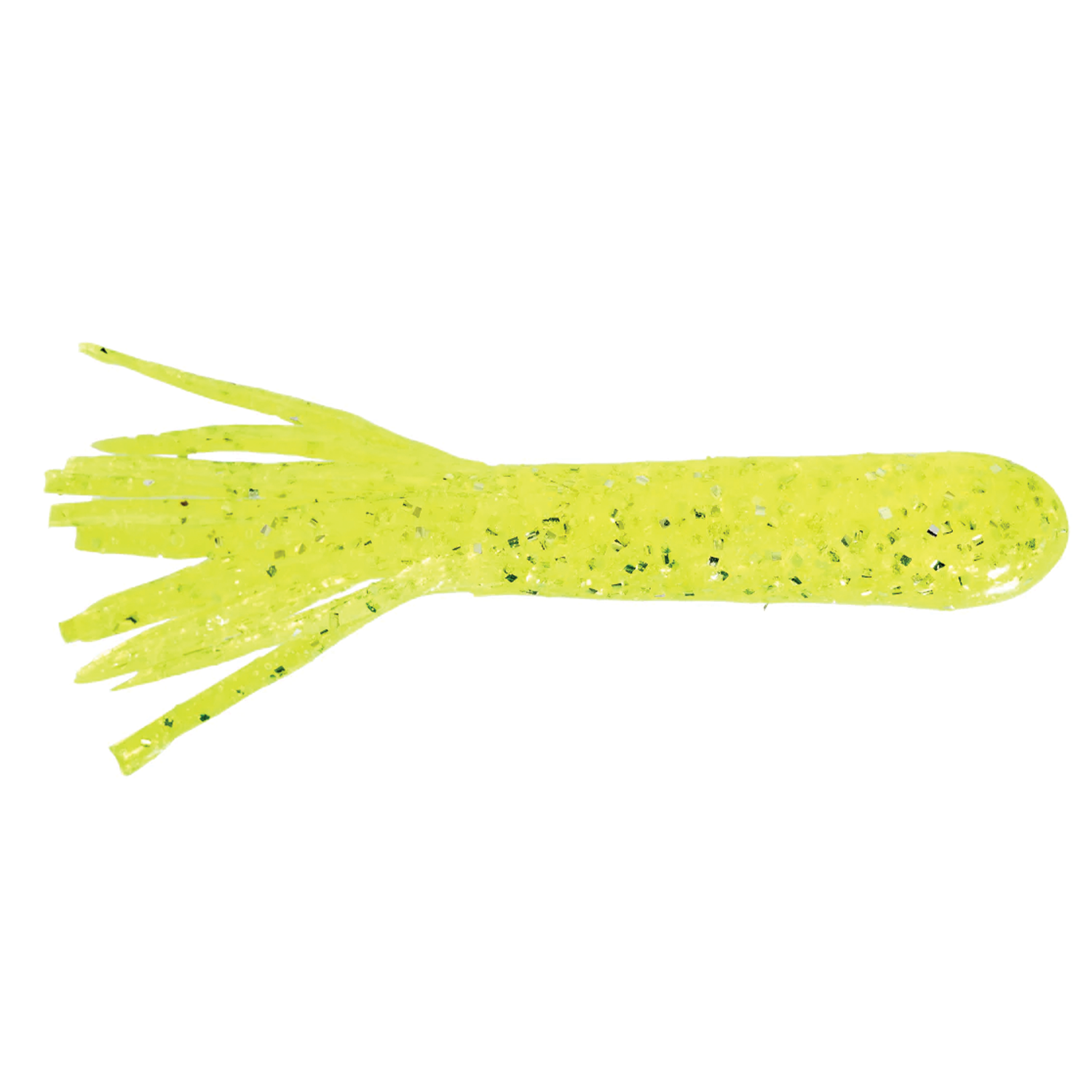 X-Zone X-Tubes bright yellow soft plastic fishing lure with multiple thin tentacle-like appendages and reflective flecks, designed for musky and ice fishing tackle.