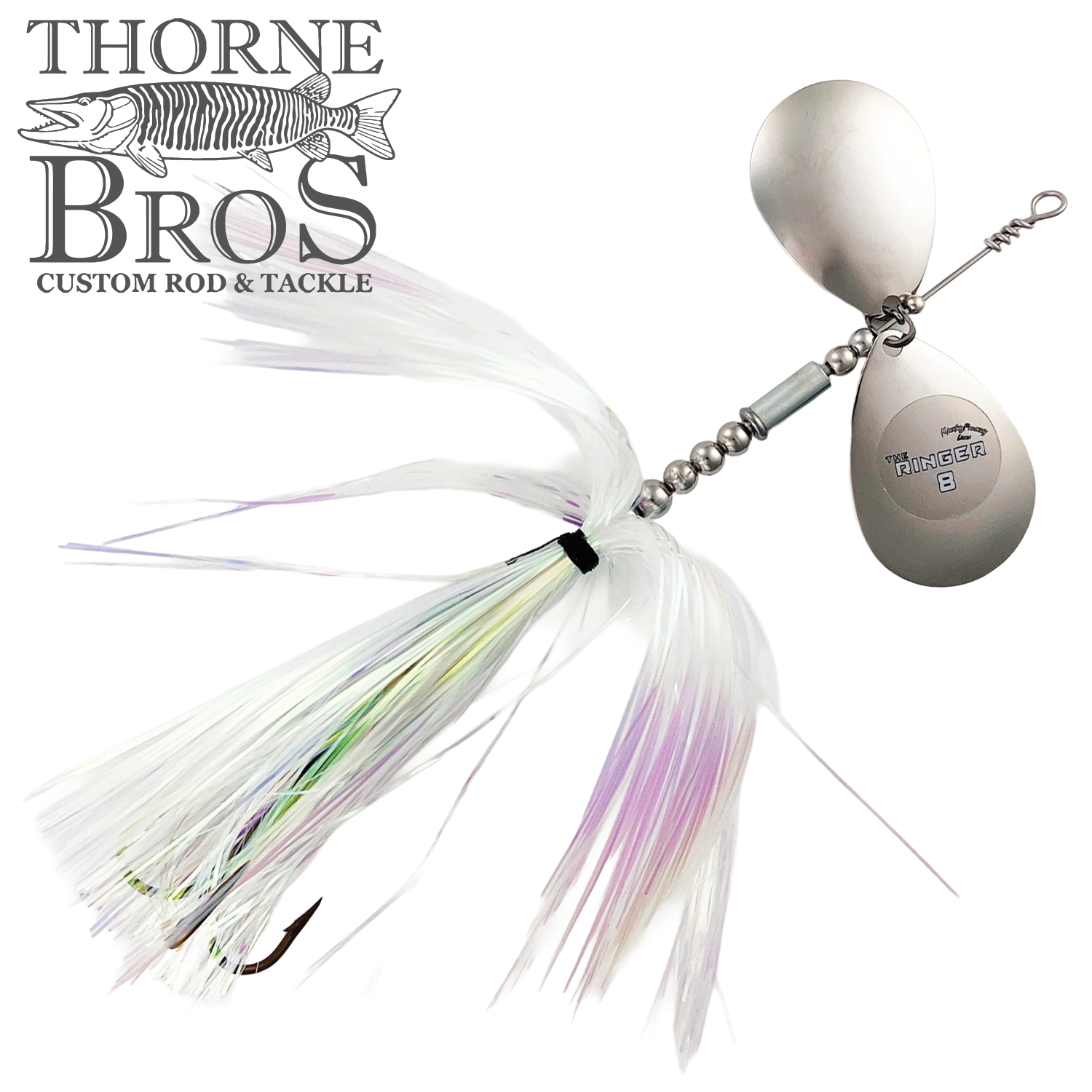 Musky Frenzy The Ringer 8 fishing lure with silver double spinner blades, white and iridescent skirt, designed for musky fishing from Thorne Bros custom tackle.