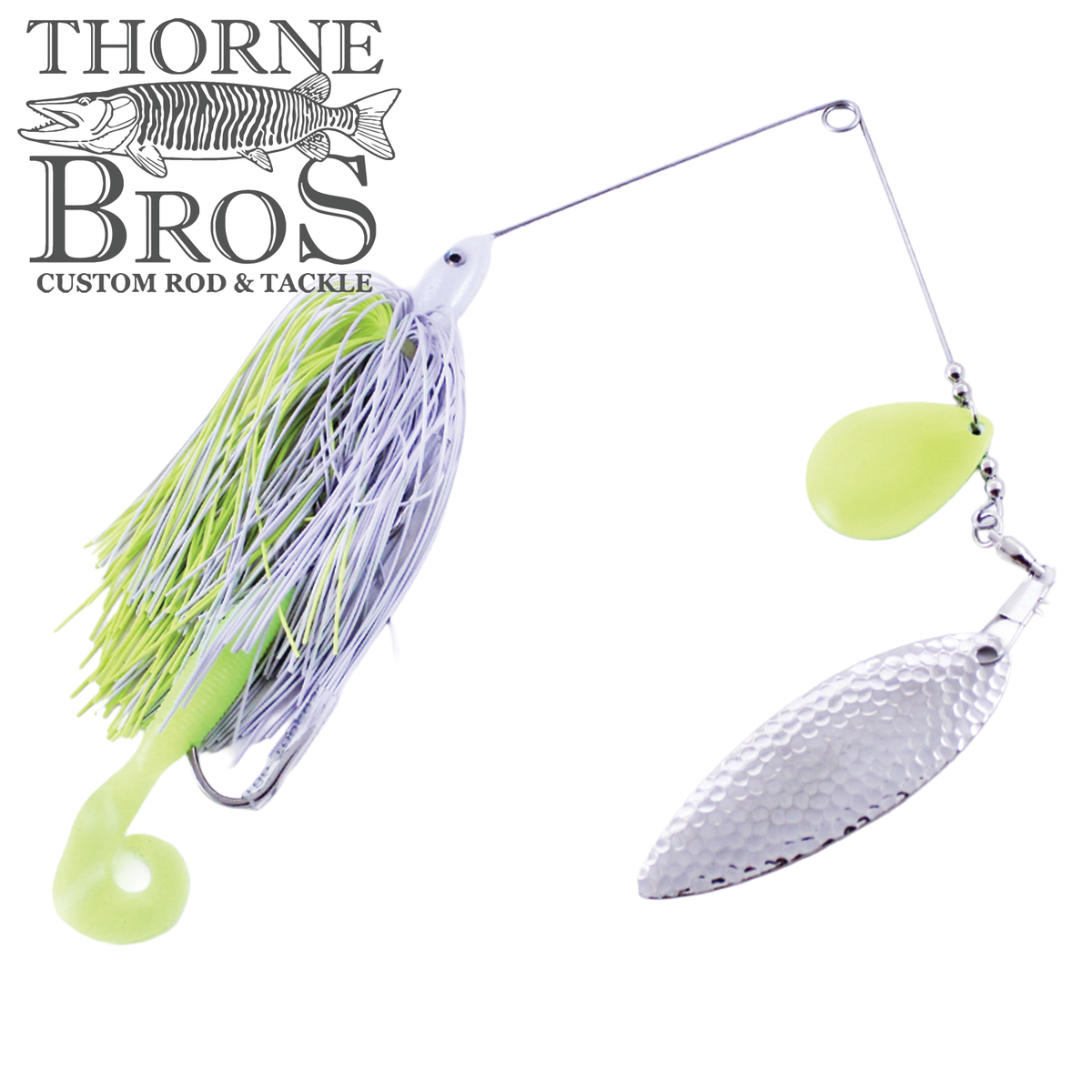 Ace Baits Original Spinnerbait white and lime fishing lure with silicone skirt and dual metal blades for musky fishing tackle