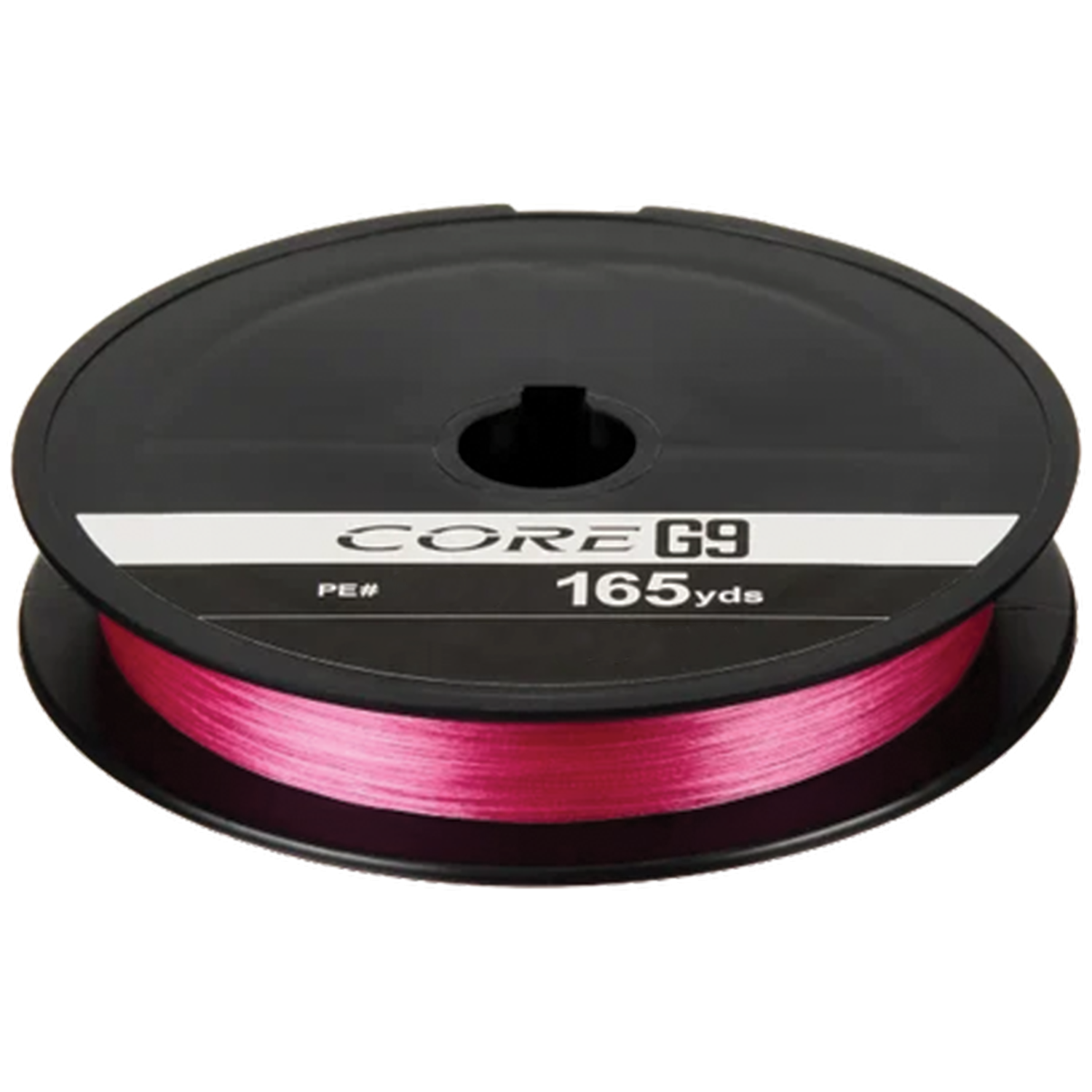 Spool of bright pink Shimano Core G9 PE fishing line with 165 yards capacity, displayed on a black plastic reel for fishing tackle use.
