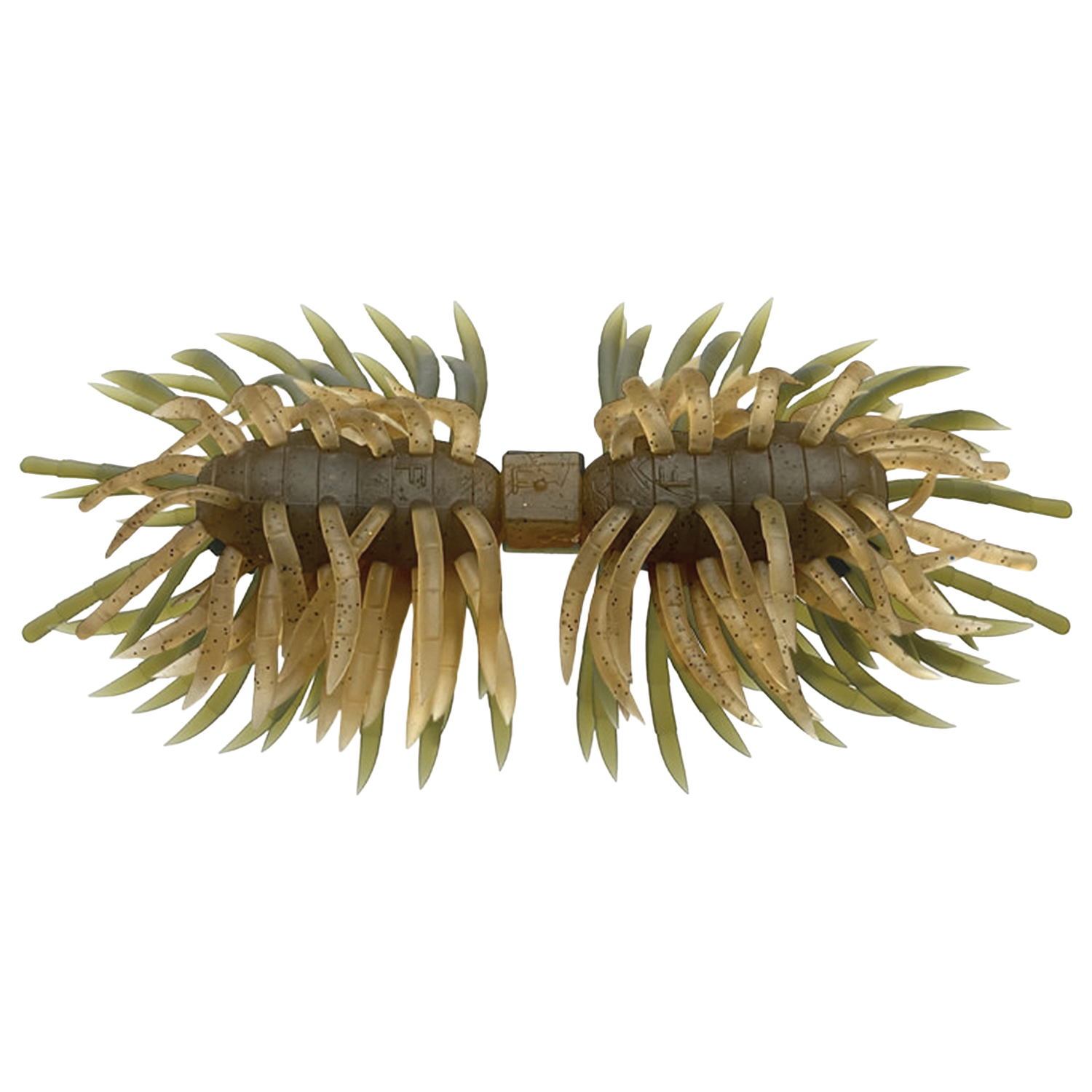 Imakatsu Hairy Spider Kujala 160 fishing lure with segmented, rubbery body and multiple flexible appendages in olive green and tan colors designed to imitate natural prey for musky fishing.