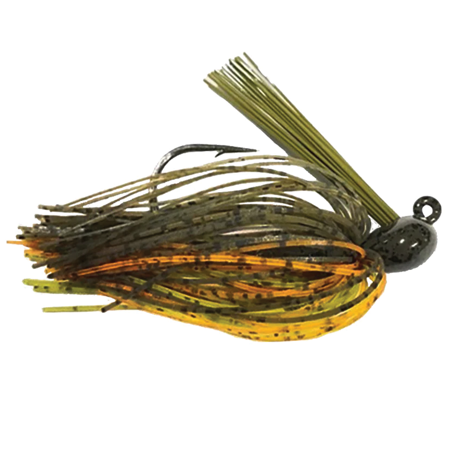 Greenfish Cobb's All Purpose Jig fishing lure with a weighted head, camo skirt in green, brown, and orange tones, designed for versatile fishing tackle use.