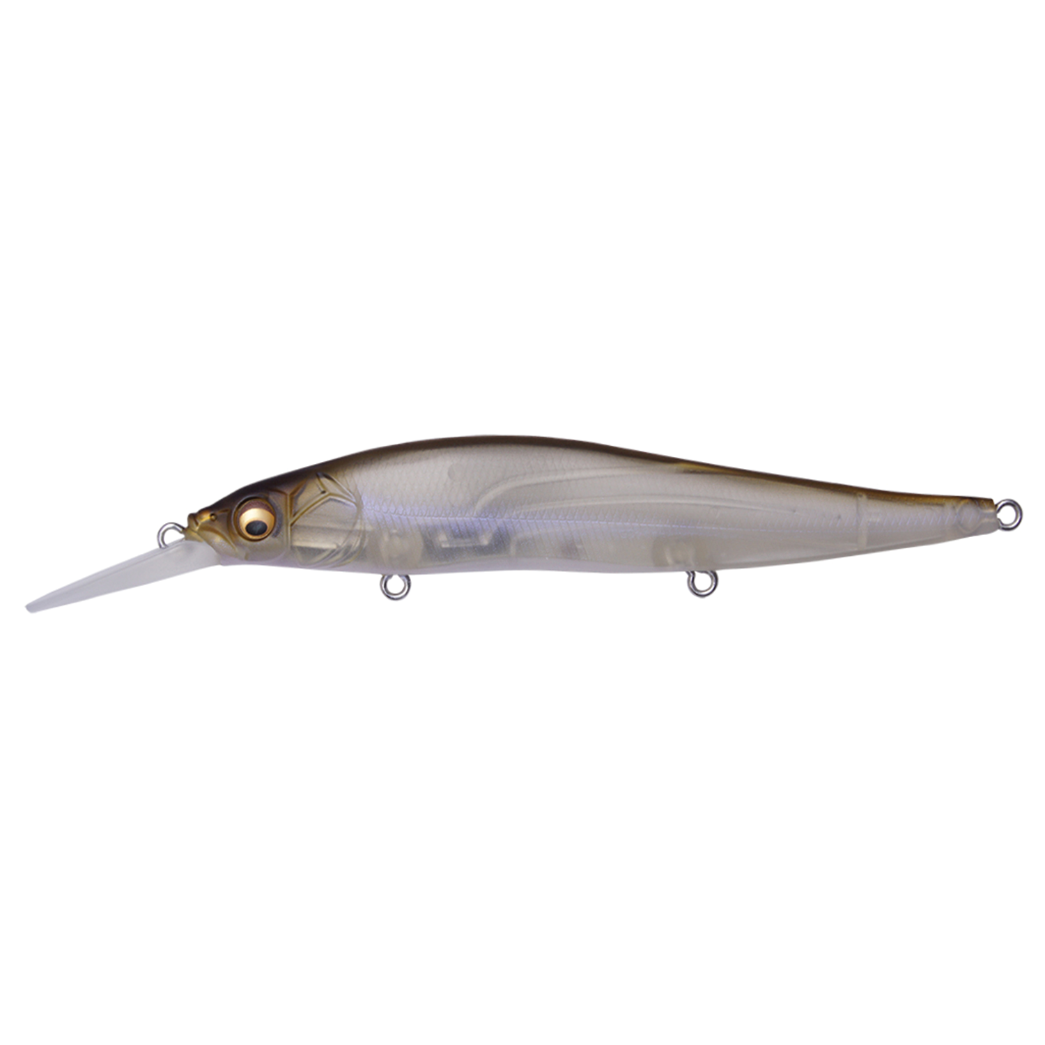 Megabass Vision 110+1 fishing lure with a translucent body, realistic eye design, and elongated shape featuring multiple attachment points for versatile fishing tackle setups.