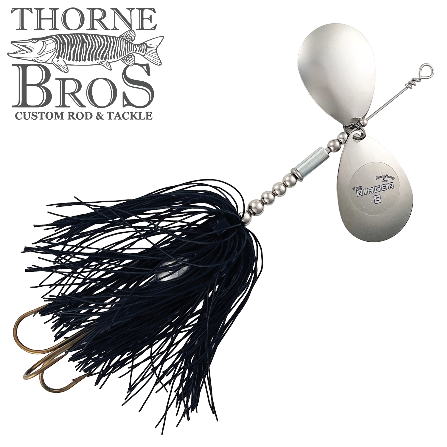 Musky Frenzy The Ringer 8 fishing lure with dual silver spinner blades and black skirted body, designed for musky fishing, displayed with Thorne Bros logo.
