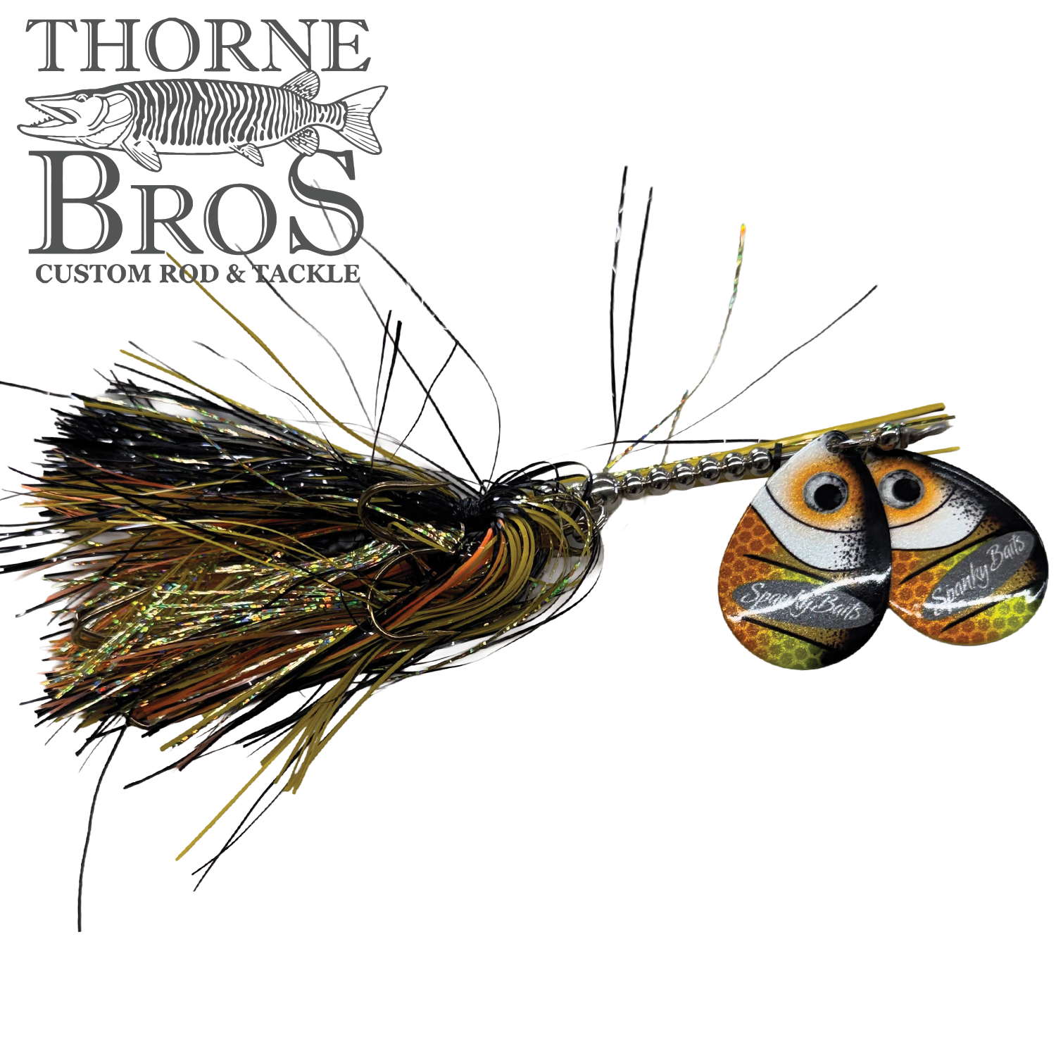 Spanky Baits Fireball 8" lure featuring a detailed eye design, metallic body, and colorful skirt strands for advanced fishing tackle enthusiasts.