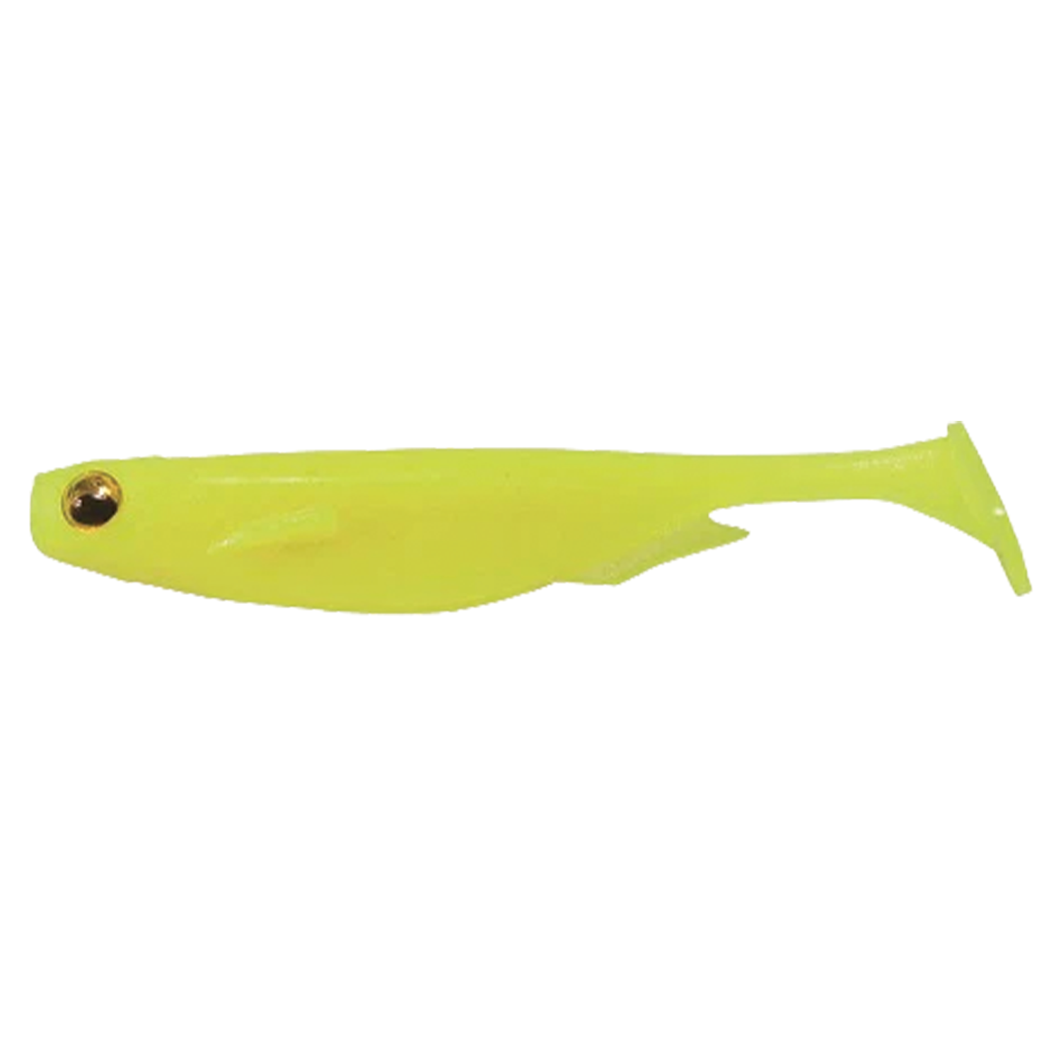Megabass Spark Shad USA fishing lure in bright yellow with realistic eye detail and a paddle tail, designed for effective fishing tackle use.