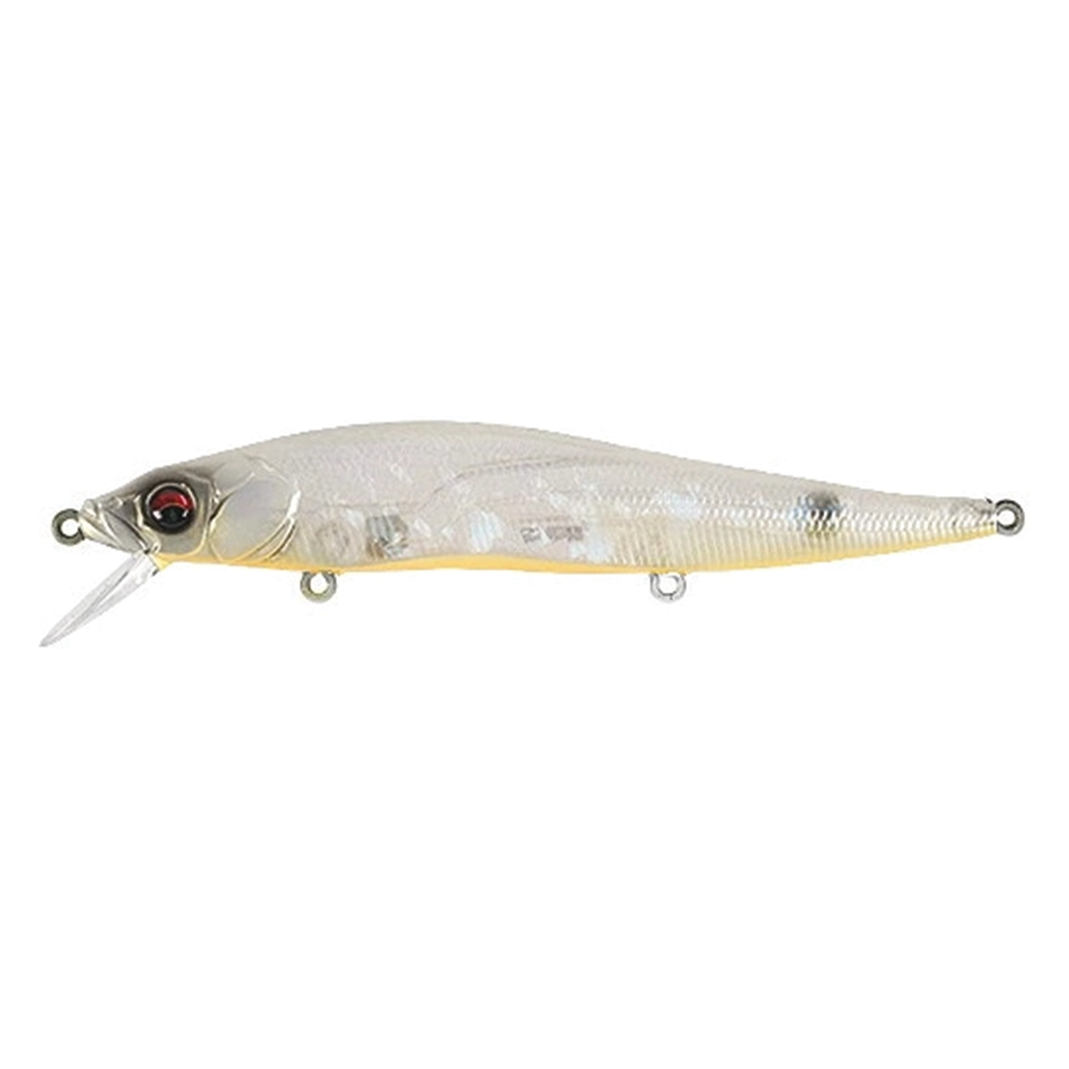 Megabass Vision 110 fishing lure in translucent pearl with realistic eyes and detailed scale texture, designed for attracting predatory fish.
