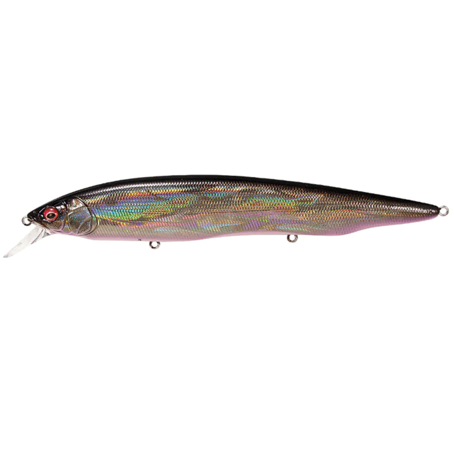 Megabass Kanata fishing lure with a sleek, elongated body featuring a reflective, iridescent finish and lifelike red eyes, designed for effective musky fishing.