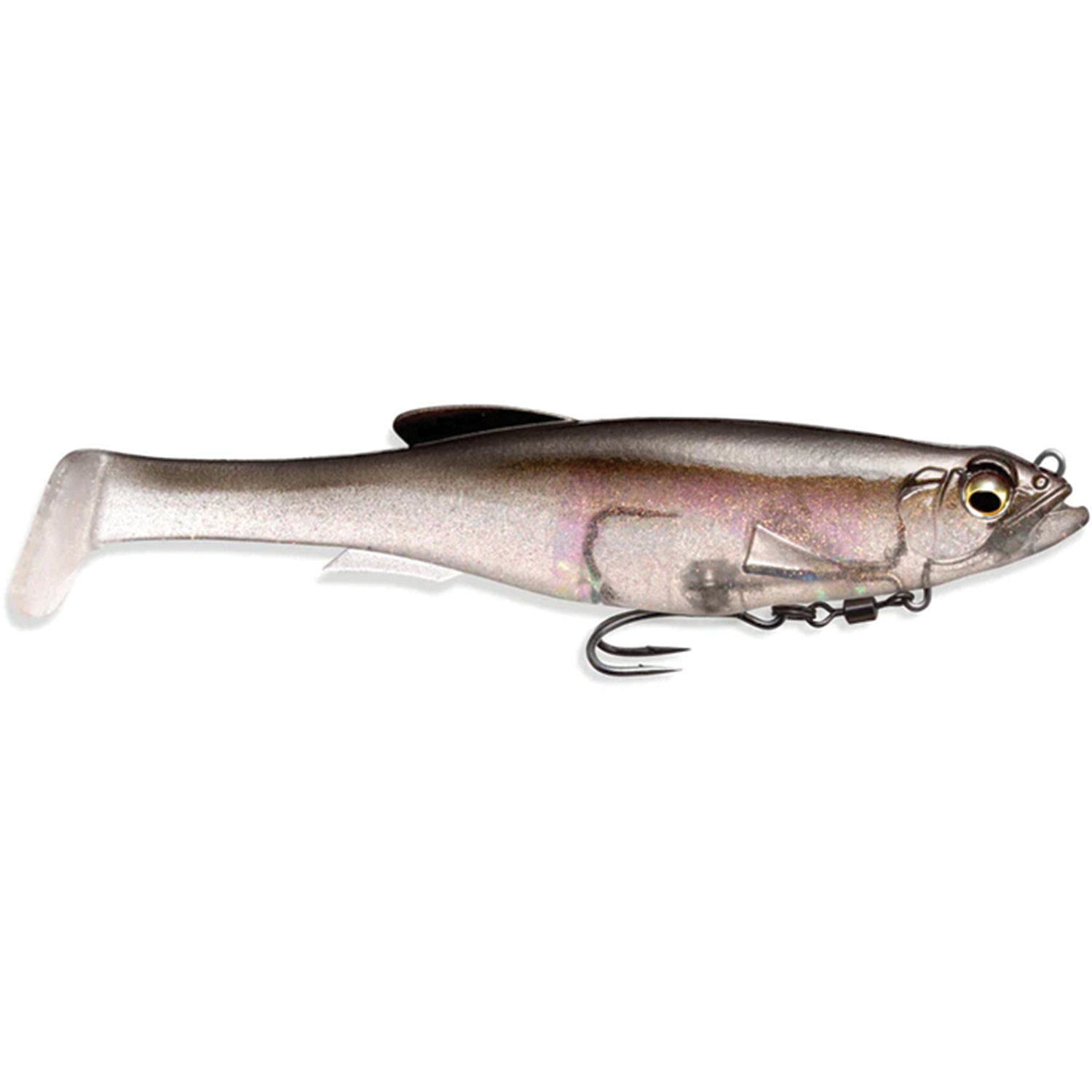 Megabass Magdraft soft fishing lure with realistic fish shape, translucent body, and integrated hook designed for freshwater fishing tackle targeting musky and other species.
