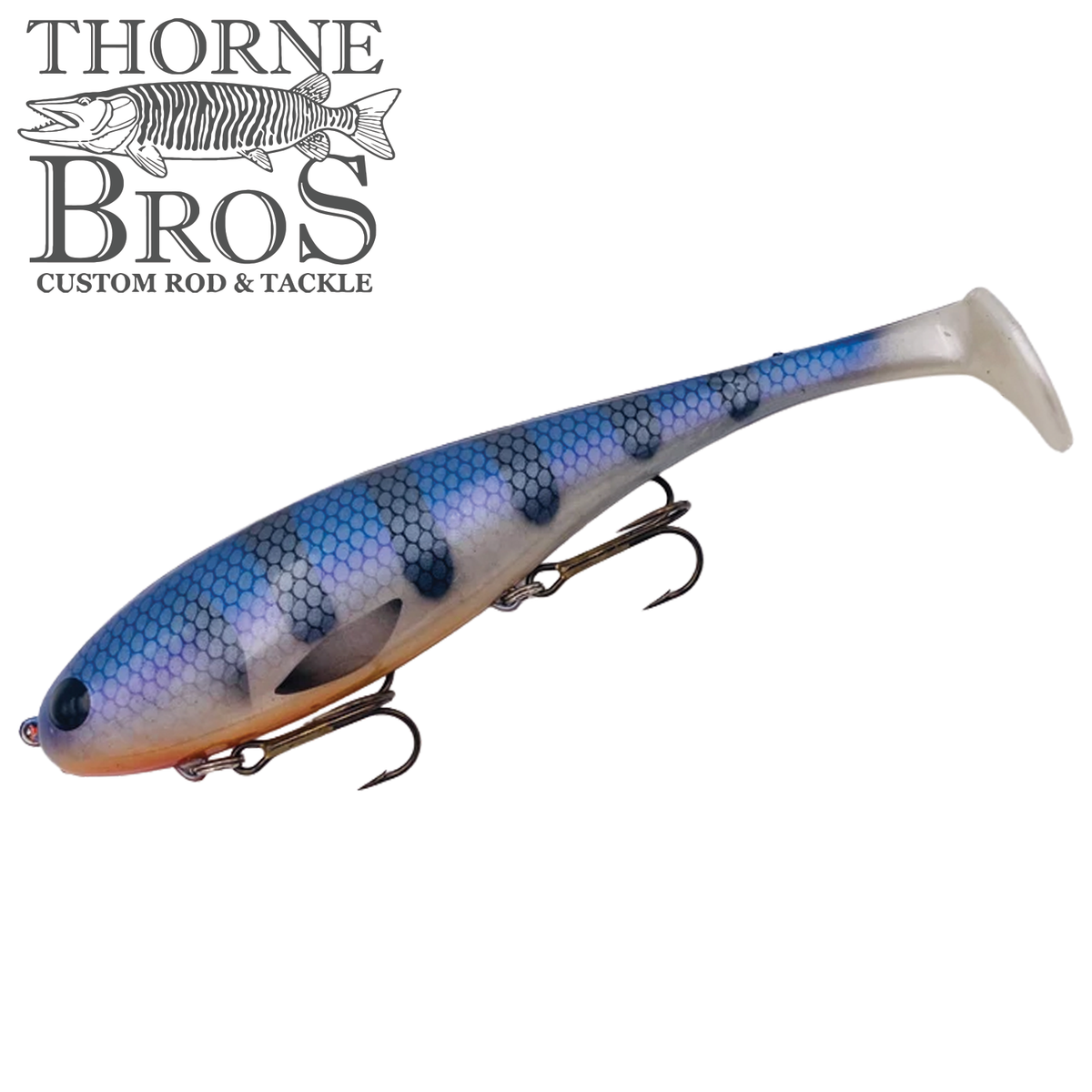 Musky Innovations Magnum Swimmin' Dawg - SHALLOW blue patterned soft plastic fishing lure with paddle tail and treble hooks for musky tackle