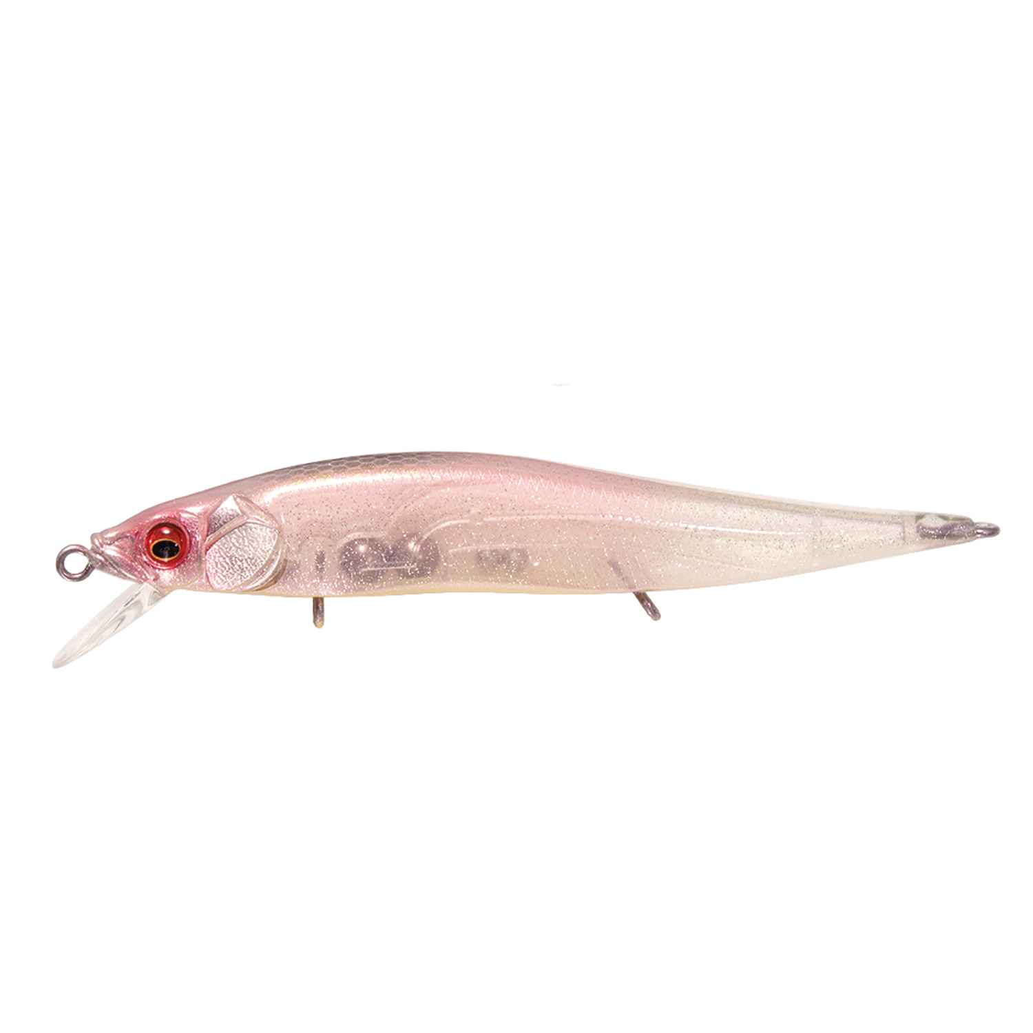 Megabass Vision 110 Jr. fishing lure with a translucent body featuring pink and silver tones, detailed red eye, and a clear diving lip for effective fishing tackle use.