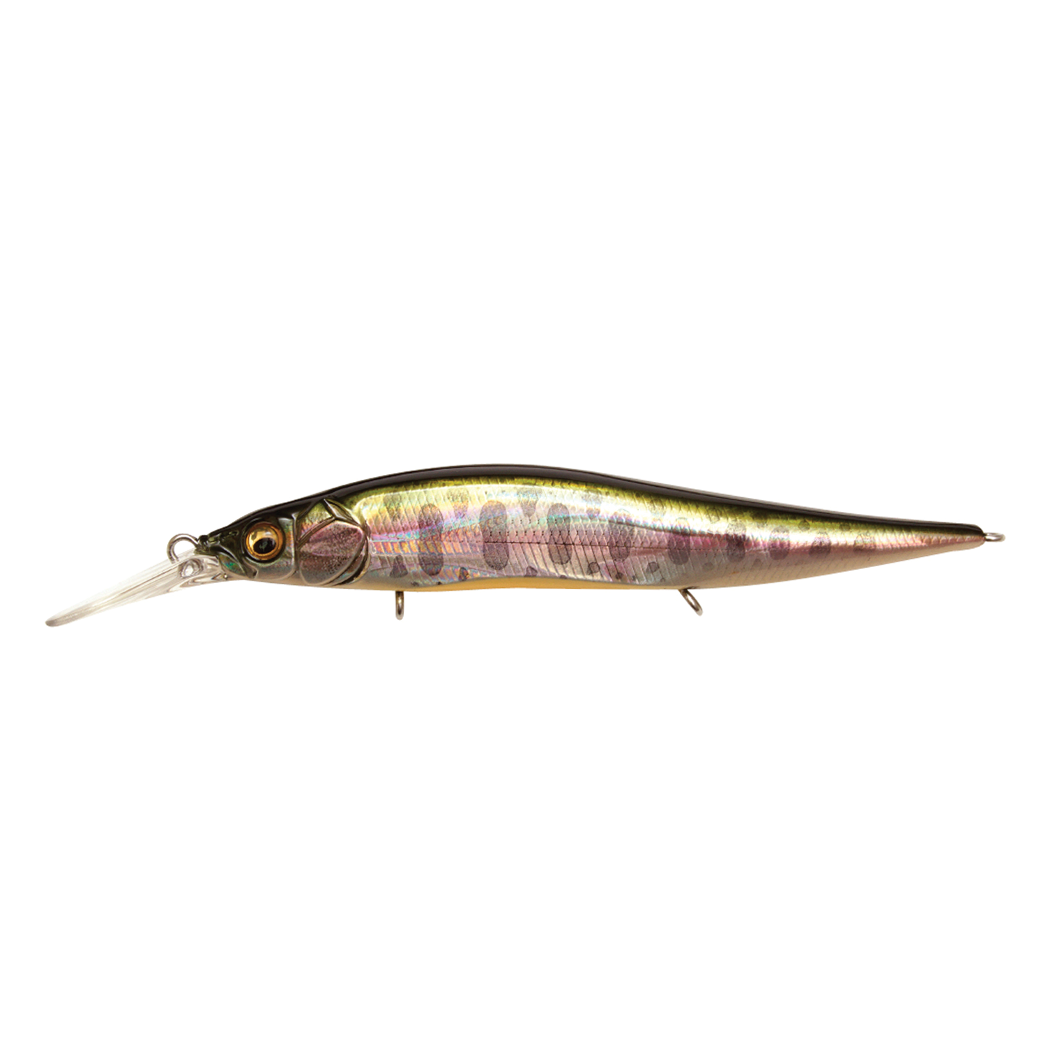 Megabass Vision 110+1 Jr. fishing lure with a slim, elongated body featuring a reflective, multi-colored finish and a clear diving lip for effective musky and fly fishing.