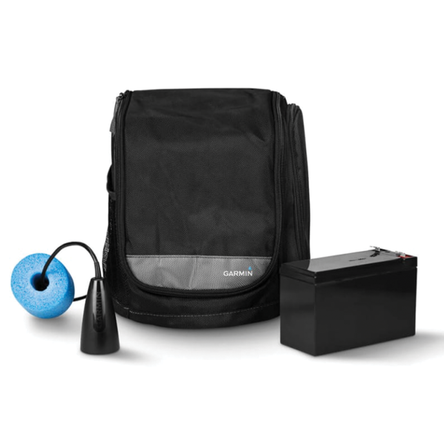 Garmin Striker Plus 4 Ice Fishing Bundle w/Dual Beam Transducer - 010-01870-30 includes a black carrying case, dual beam transducer with blue float, and a black battery for ice fishing.