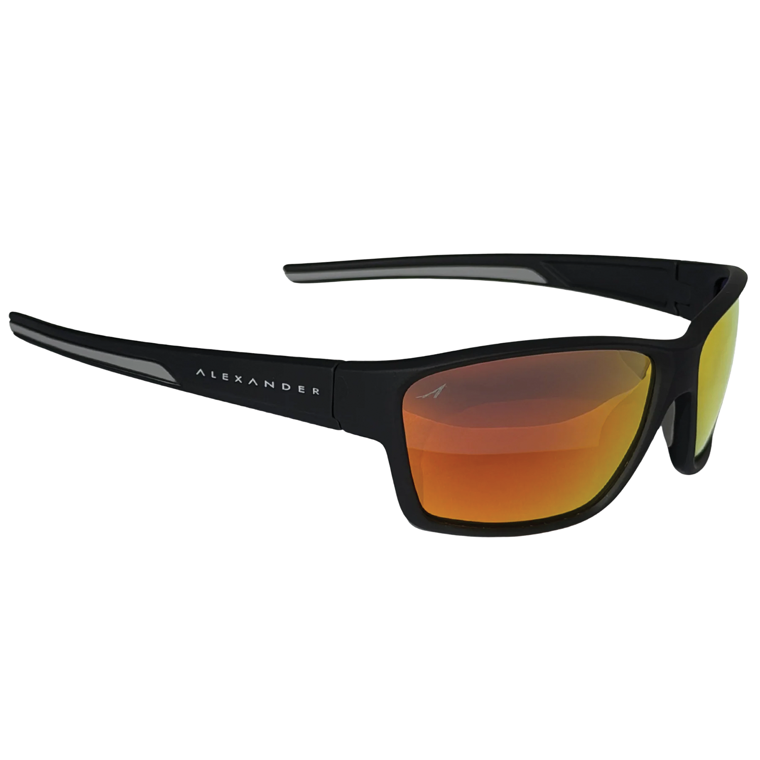 Alexander Sunglasses with black frame and amber-tinted polarized lenses, designed for outdoor use and fishing activities, featuring a wraparound style for full eye protection.