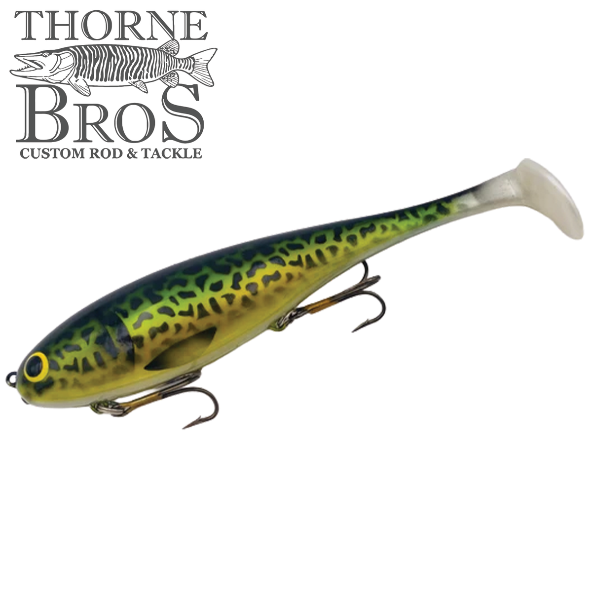 Musky Innovations Magnum Swimmin' Dawg - SHALLOW musky fishing lure with green and yellow patterned body two treble hooks and curled paddle tail on white background