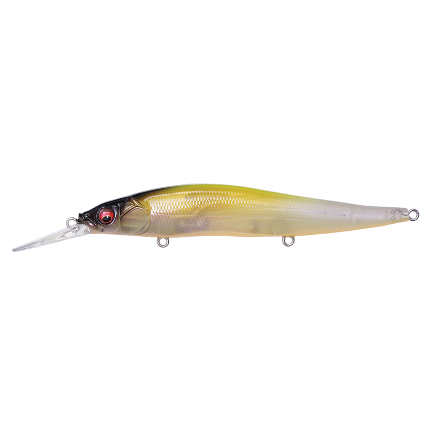 Megabass Vision 110+1 fishing lure with a slender, elongated body in yellow and translucent hues, featuring detailed scales and a clear diving lip for realistic movement in water.