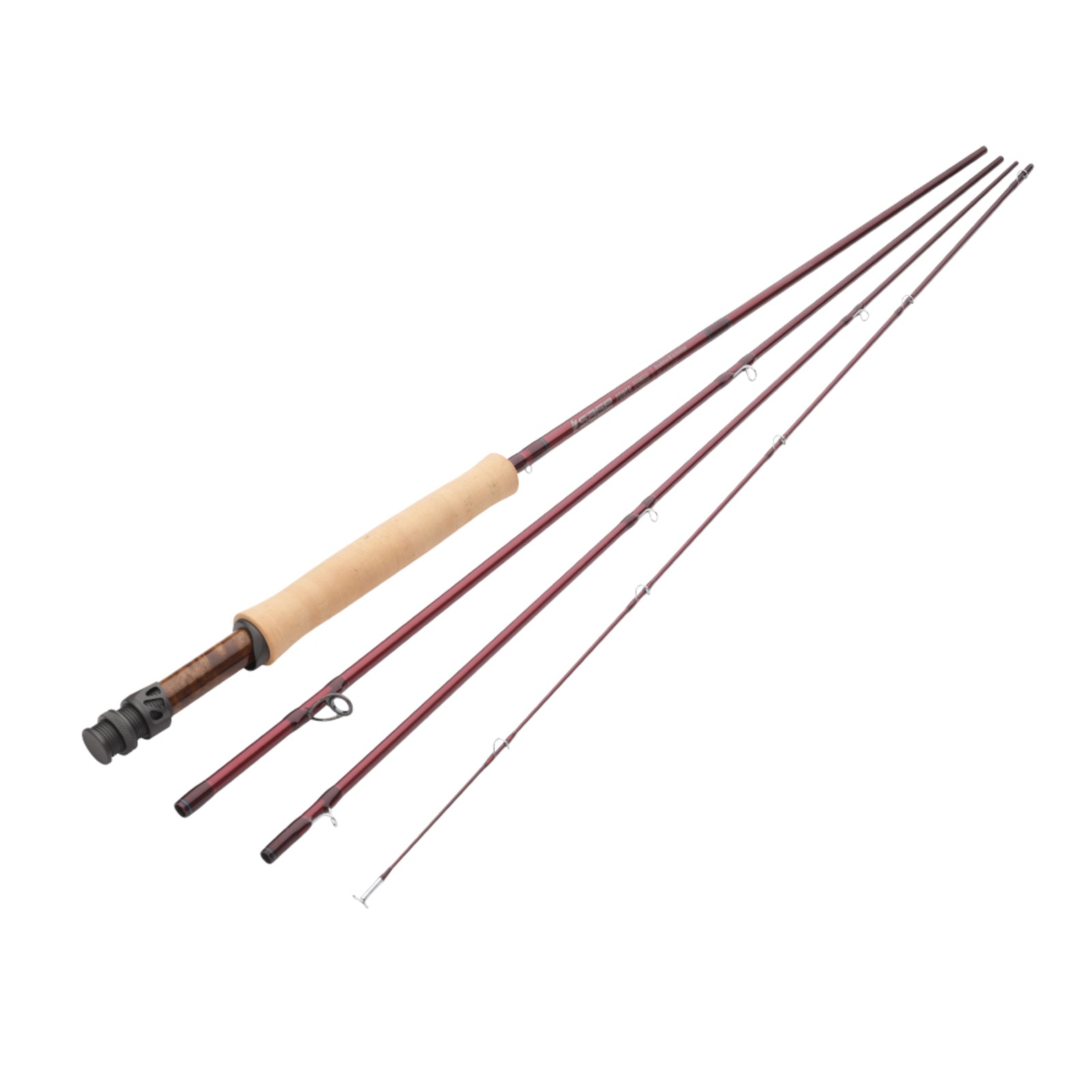 Sage R8 Power fishing rod in multiple sections with a cork handle and dark reddish-brown finish, designed for precision and strength in fly fishing tackle.