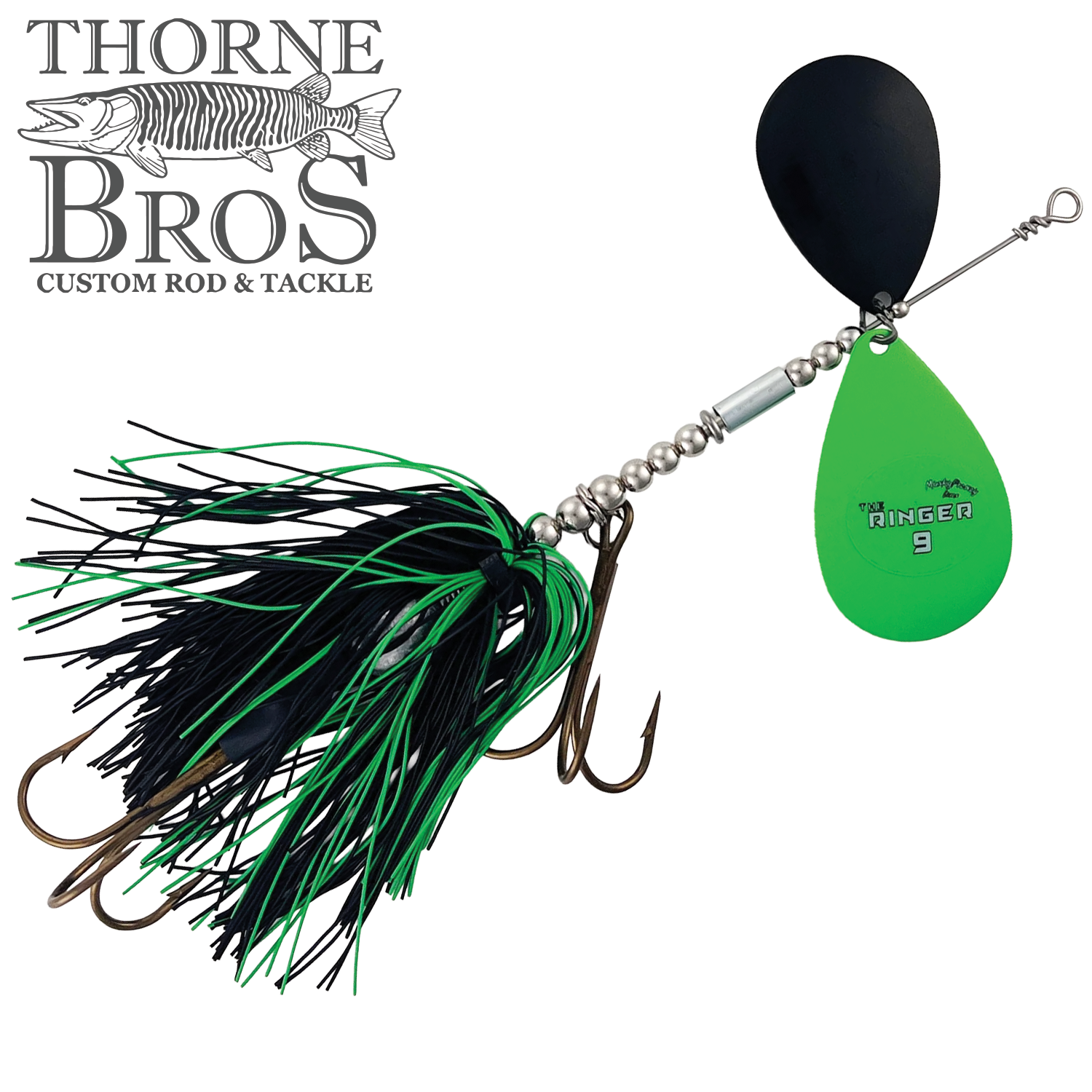 Musky Frenzy The Ringer 9 spinnerbait lure with black and green skirt, silver beads, twin hooks, and dual rotating blades designed for musky fishing.
