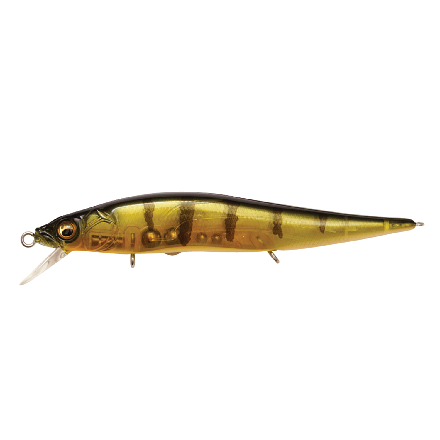 Megabass Vision 110 Jr. fishing lure with realistic fish pattern in gold and brown tones, designed for effective freshwater fishing tackle.