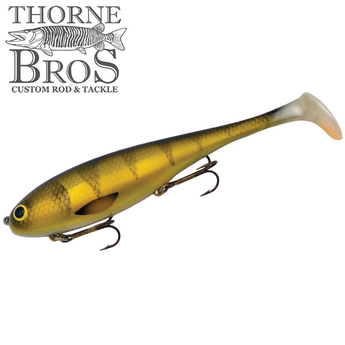 Musky Innovations Magnum Swimmin' Dawg - SHALLOW yellow and olive musky fishing lure with a paddle tail and treble hooks