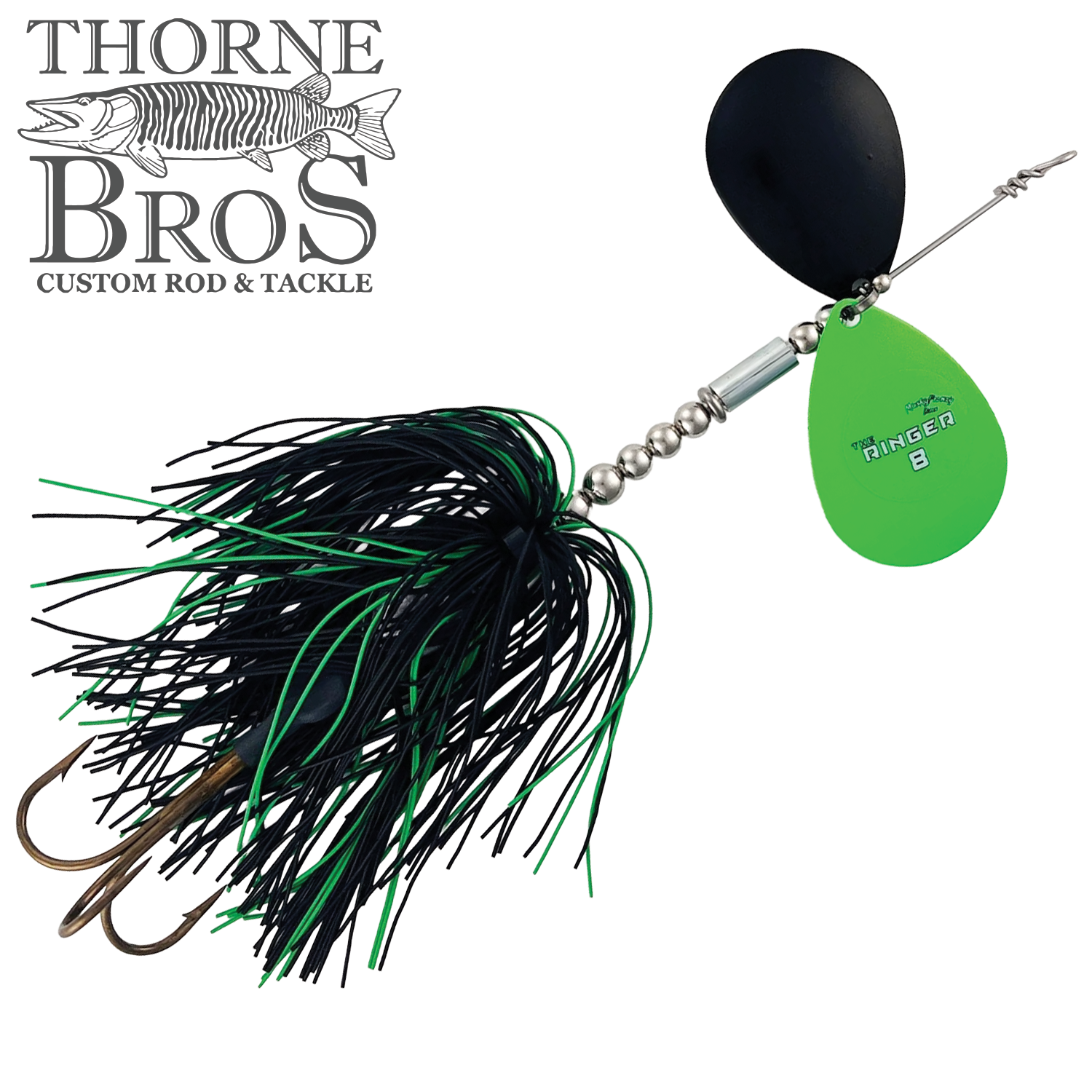 Musky Frenzy The Ringer 8 fishing lure with black and green skirt, silver beads, and dual spinner blades designed for musky fishing, shown with Thorne Bros logo.
