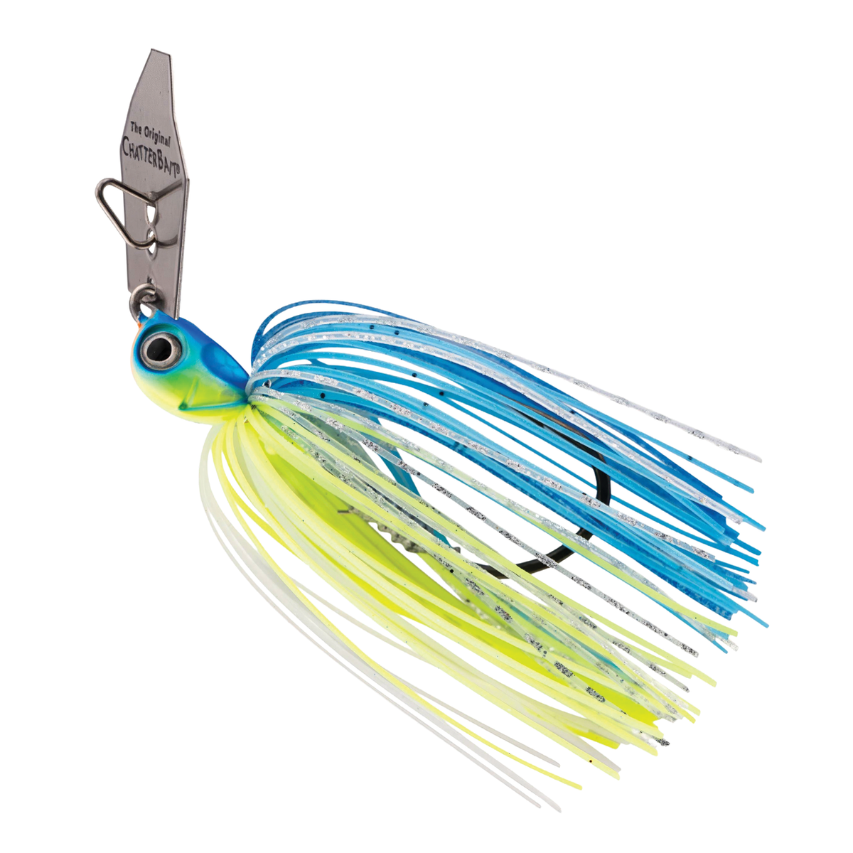 Z-Man Chatterbait Elite Evo HD fishing lure with blue and yellow skirt, metal blade, and detailed eye for attracting fish in freshwater fishing tackle.