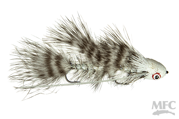 Close-up of Galloup's Mini Dungeon #6 fishing lure featuring realistic feather and fur detailing in natural colors, designed for fly fishing targeting musky and other species.