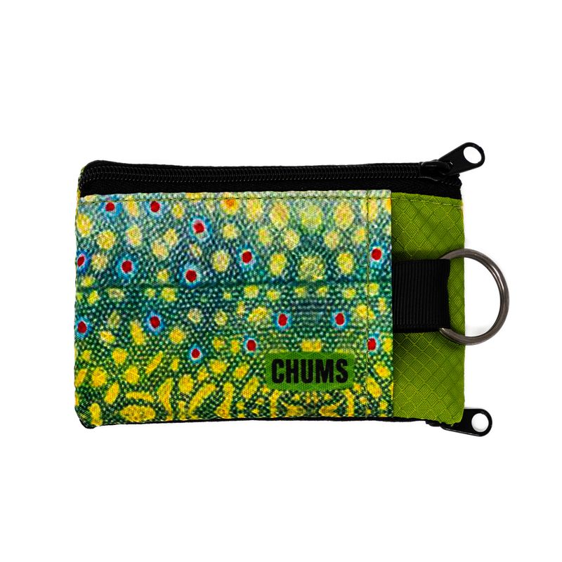 Chums Surfshorts Wallet in a colorful, durable fabric featuring a fish scale pattern with yellow, green, and red accents, a black zipper, and a metal keyring attachment.
