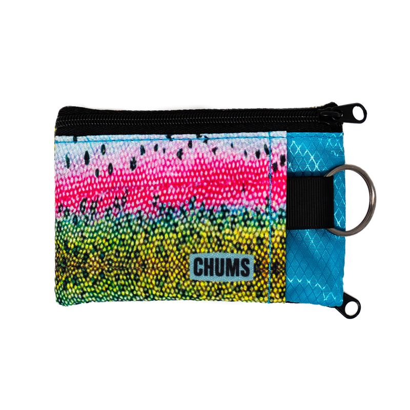 Compact Chums Surfshorts Wallet with a colorful rainbow trout-inspired pattern, zippered main compartment, blue fabric accent, and metal keyring attachment.