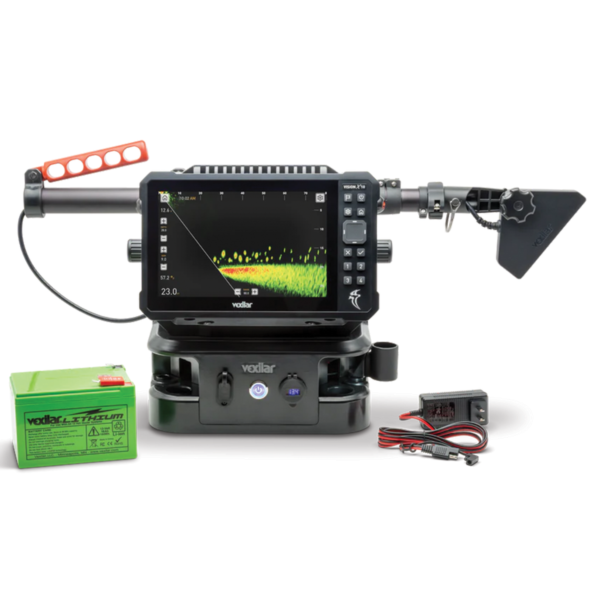 Vexilar Vision X-10 Live View System - Ice Bundle showing a sonar fish finder device with a color display, wired sensors, a green battery pack, and a power adapter for ice fishing and marine electronics.