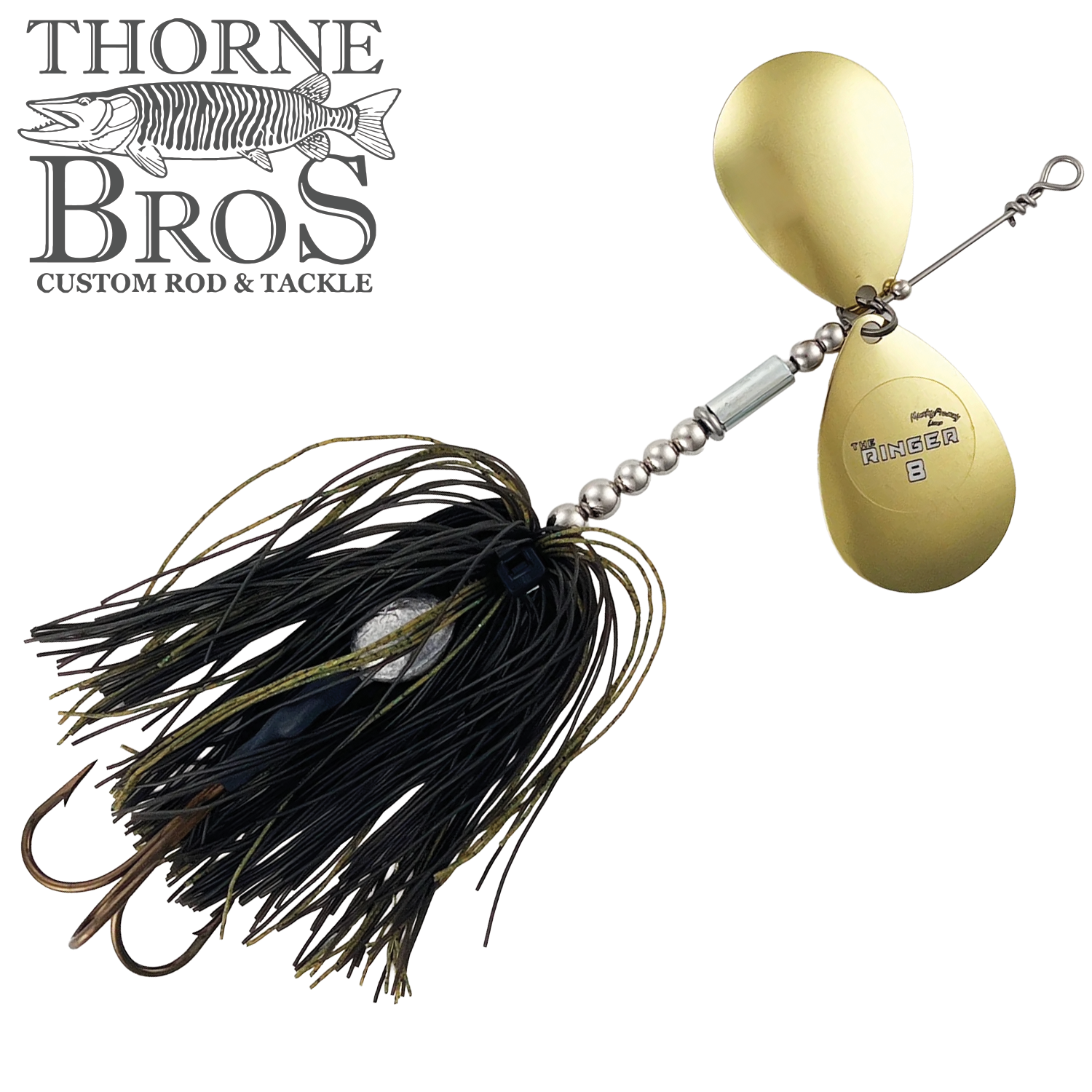 Musky Frenzy The Ringer 8 fishing lure with twin gold-colored spinner blades, brown and black skirt, and double hooks, designed for musky fishing.