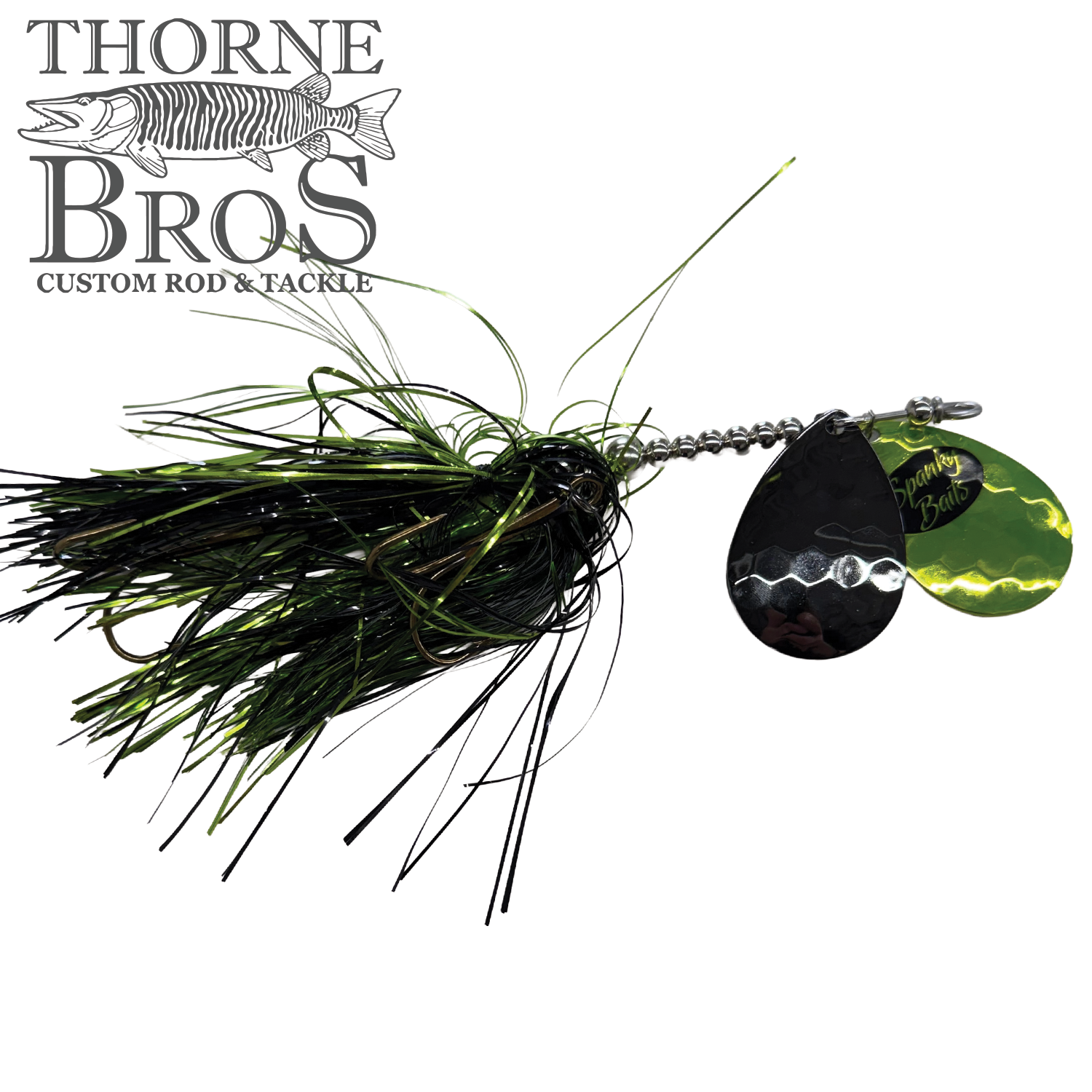 Spanky Baits Fireball 8" fishing lure featuring a black and green weed guard, metal spinner blades in silver and gold, and a detailed twisted wire arm for musky fishing tackle.
