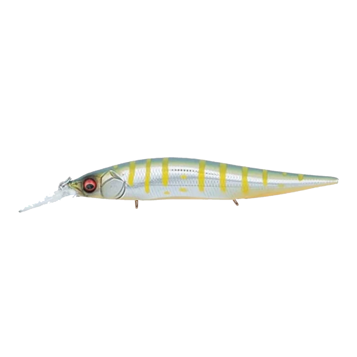 Megabass Vision 110+1 Jr. fishing lure with a slender, minnow-like body featuring silver and yellow stripes, red eyes, and a clear angled lip for diving action.
