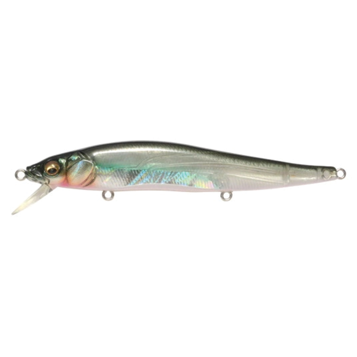 Megabass Vision 110 fishing lure with realistic fish design featuring a metallic, reflective body and detailed eye, ideal for freshwater fishing tackle enthusiasts.
