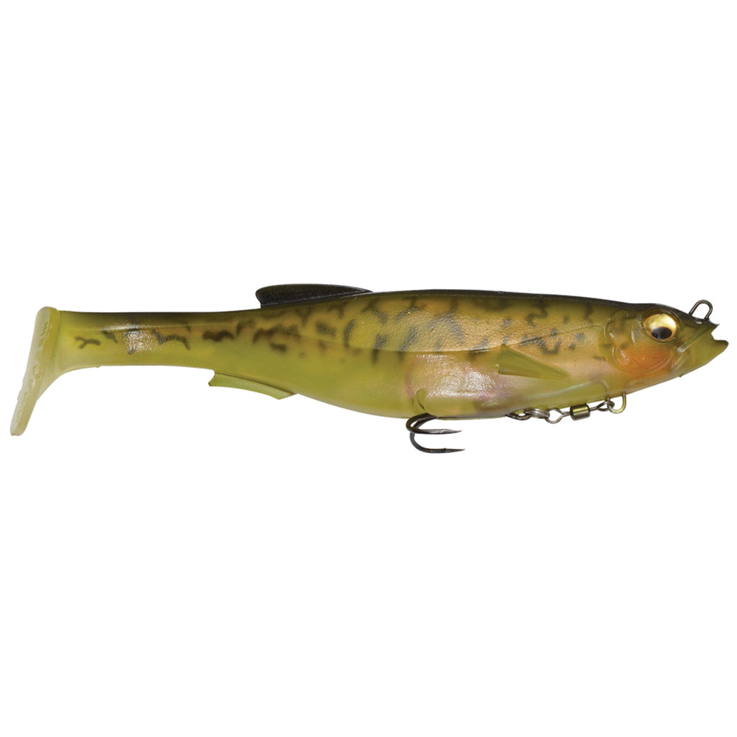 Megabass Magdraft soft fishing lure designed to mimic a small baitfish with realistic green and brown pattern, equipped with treble hooks for musky fishing tackle.