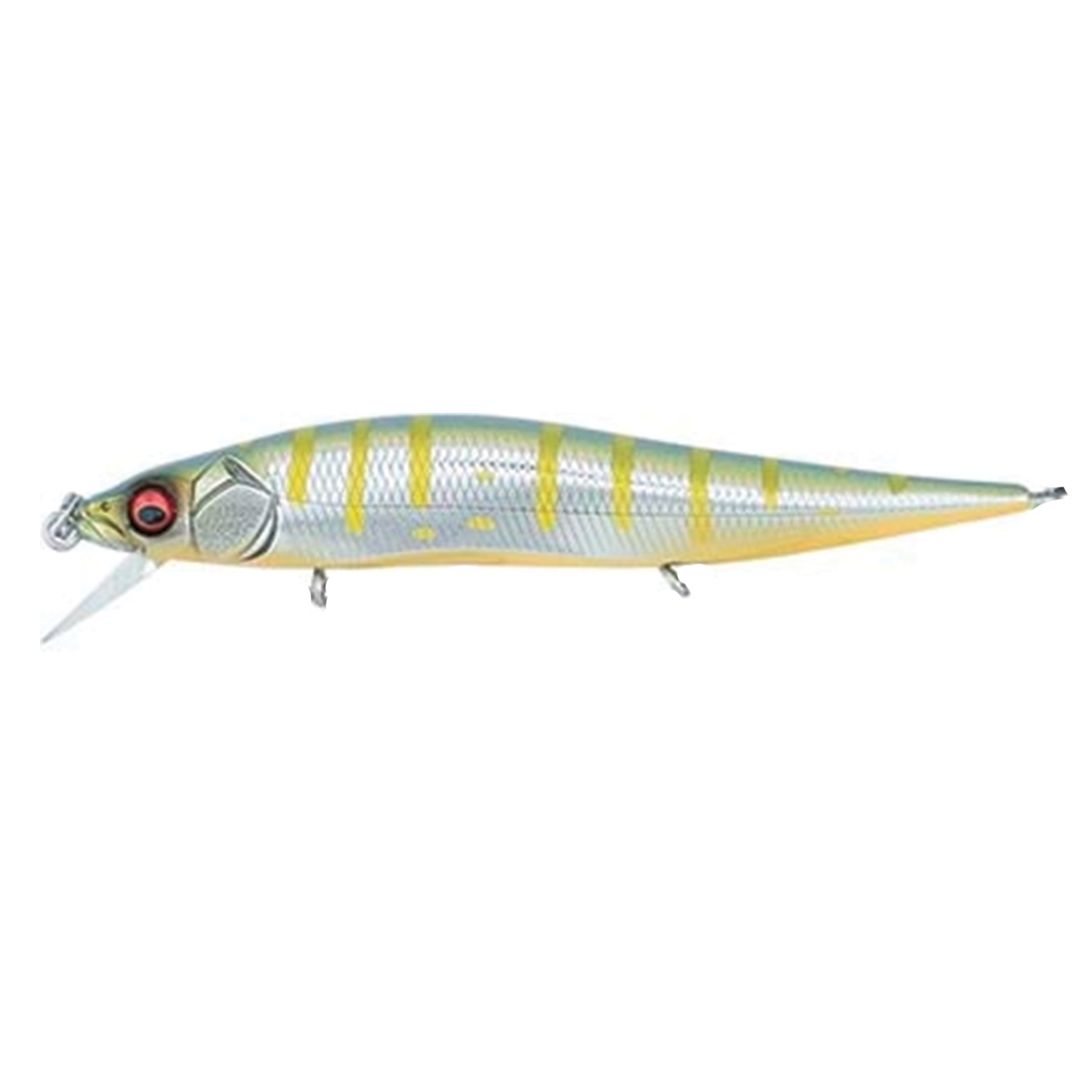 Megabass Vision 110 Jr. fishing lure in silver and gold with red eye, designed for freshwater fishing, featuring a detailed fish scale pattern and diving lip.