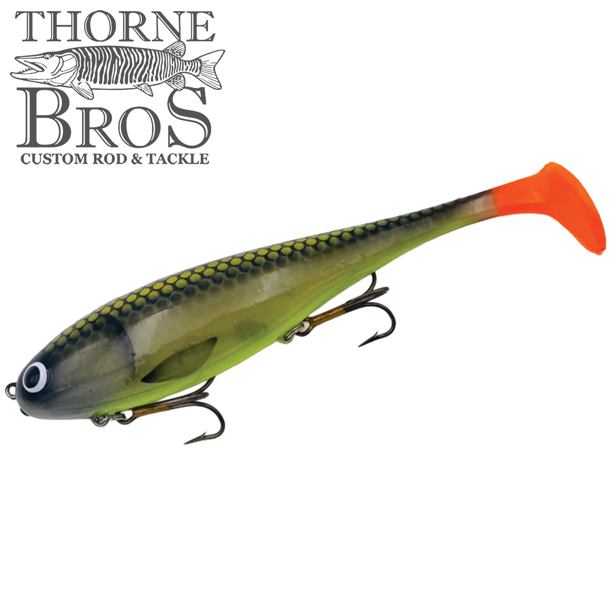 Musky Innovations Magnum Swimmin' Dawg - SHALLOW soft plastic musky fishing lure with green scale pattern orange tail and treble hooks