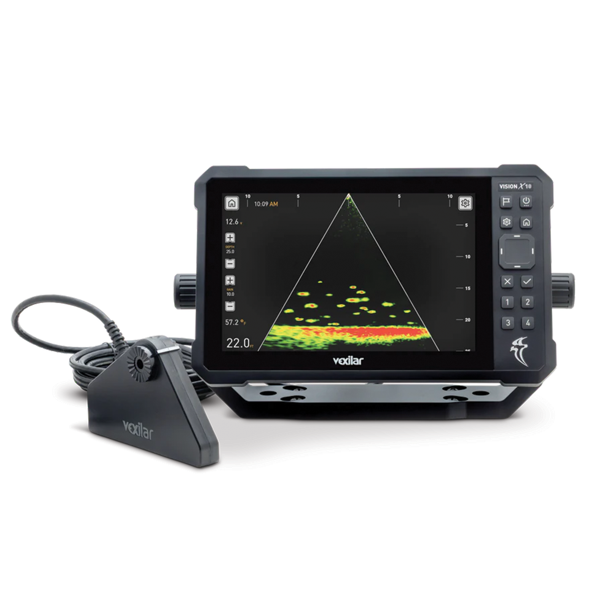 Vexilar Vision X-10 Live View System showing underwater sonar display with depth and temperature readings, used for fishing tackle and marine electronics.