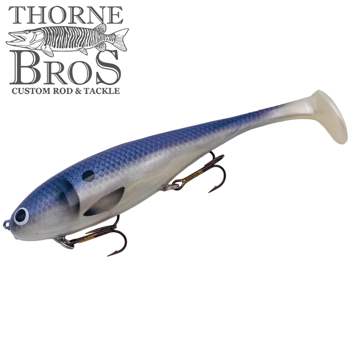 Musky Innovations Magnum Swimmin' Dawg - SHALLOW blue and white musky fishing lure with paddle tail and treble hooks