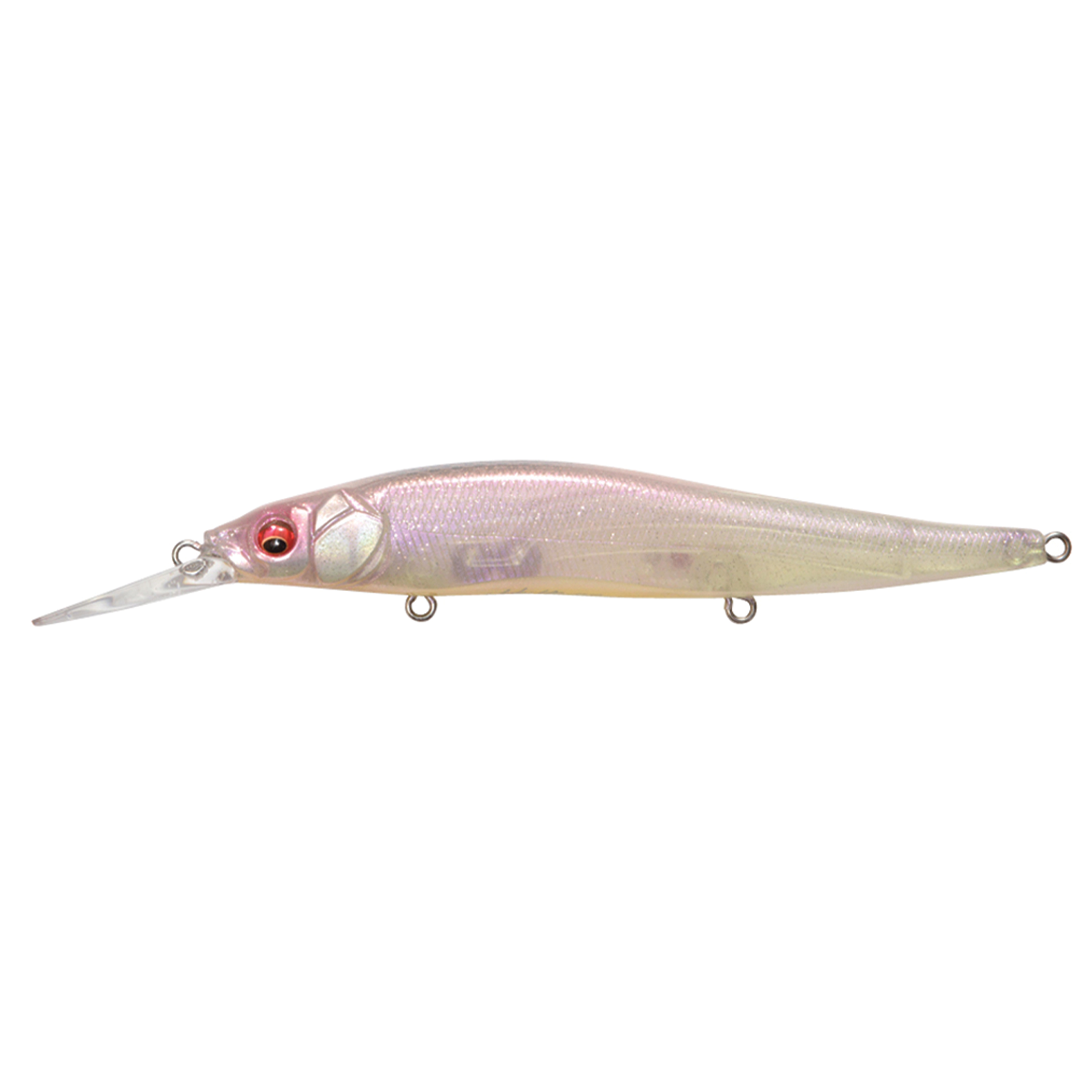 Megabass Vision 110+1 fishing lure with a translucent pinkish body, detailed fish scale texture, red eyes, and a clear extended diving lip designed for realistic movement in water.
