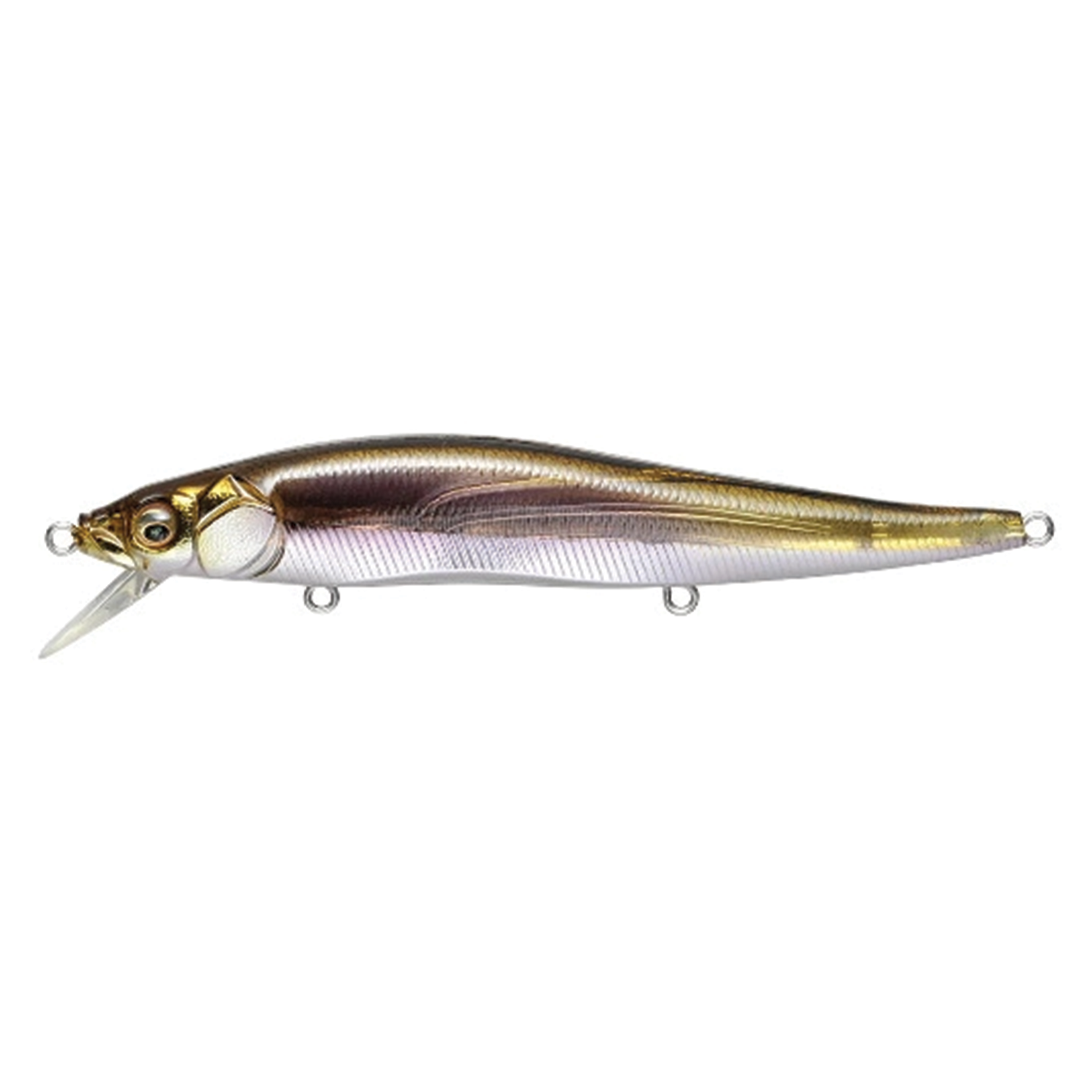 Megabass Vision 110 fishing lure in a metallic gold and silver finish, designed for precision casting and effective fishing tackle performance.