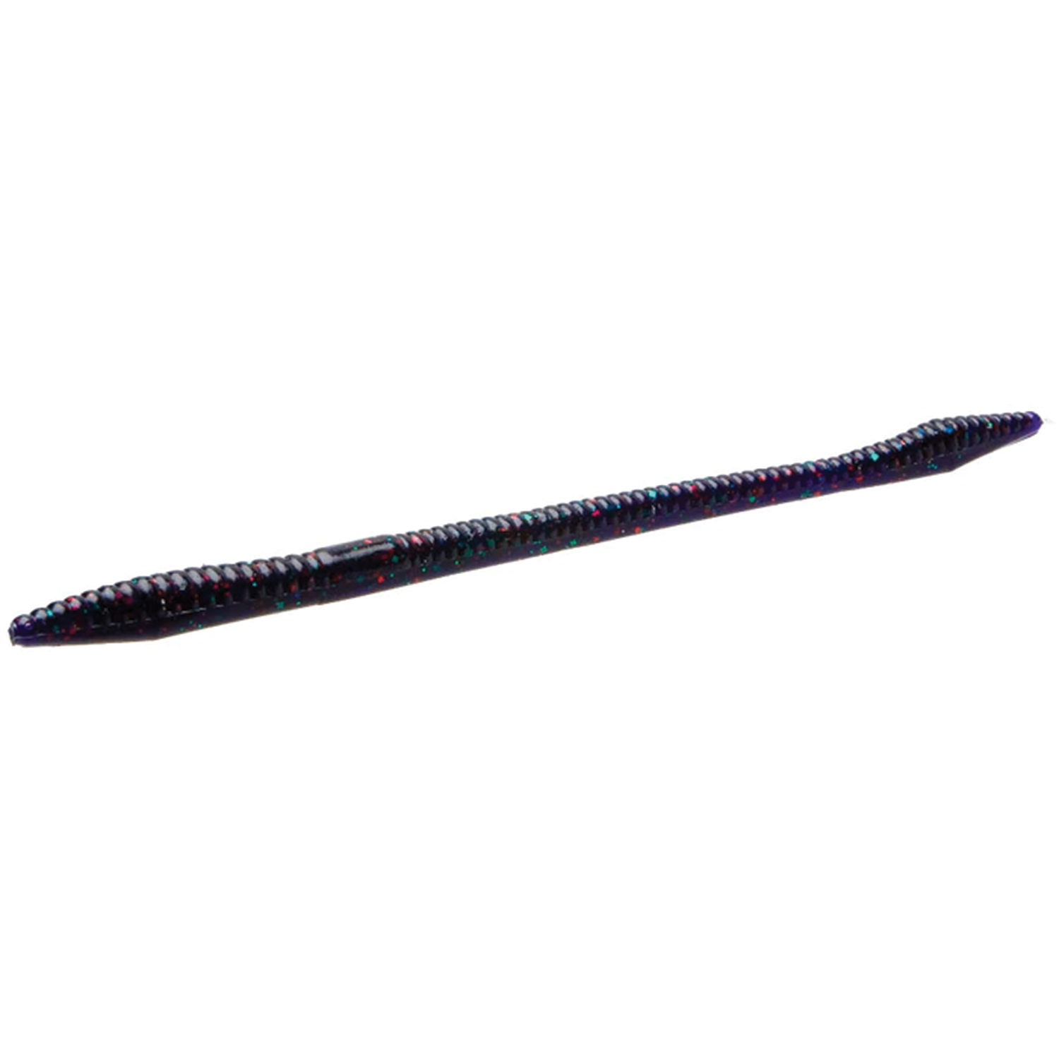 Zoom Bait Company Trick Worm in dark purple with iridescent blue and red flecks, soft plastic fishing lure with ribbed texture designed for fishing tackle.
