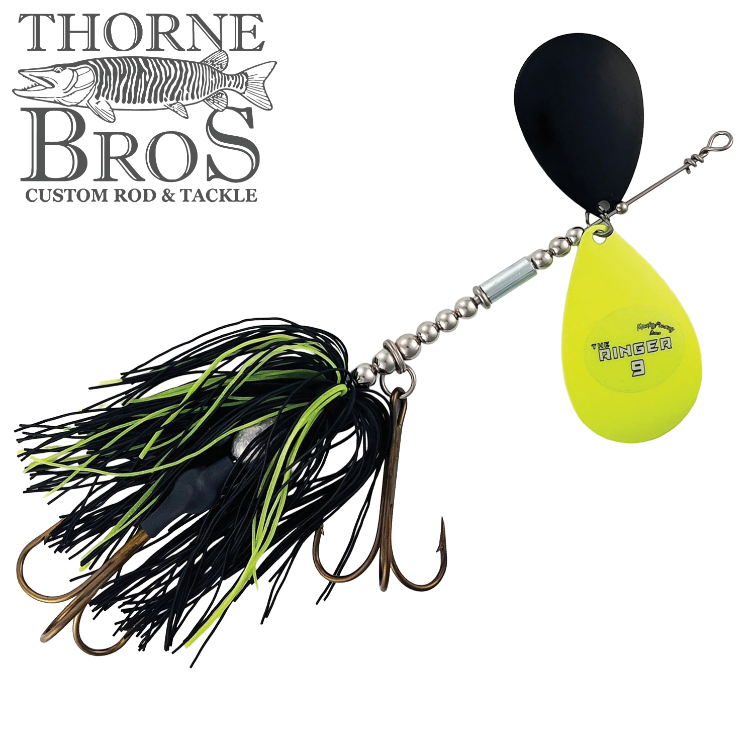 Musky Frenzy The Ringer 9 spinnerbait lure with black and chartreuse skirt, two treble hooks, and one yellow and one black rotating blade for musky fishing.