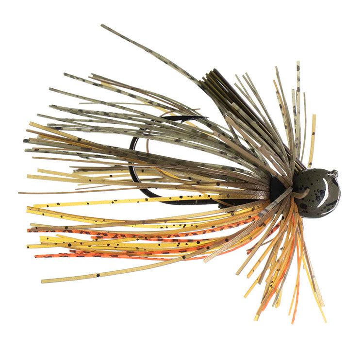 Dirty Jigs Luke Clausen Finesse Jig fishing lure with a camouflaged skirt of green, brown, and orange strands speckled with black dots attached to a rounded, weighted head and sharp hook.