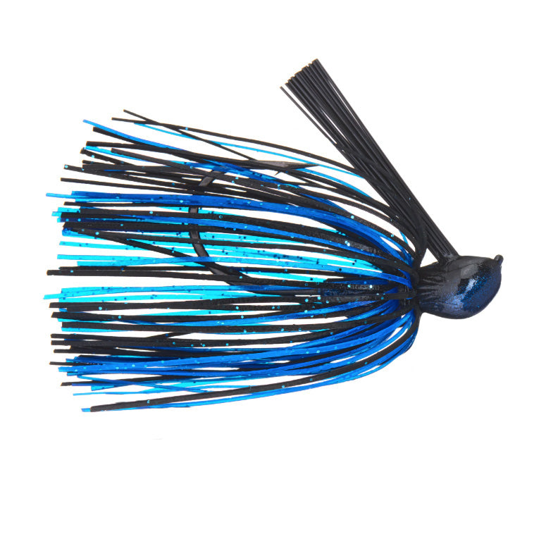 Greenfish Tackle Sinewy Jig fishing lure featuring a black and blue skirt with fine strands and a weighted head, designed for effective presentation in fishing tackle.