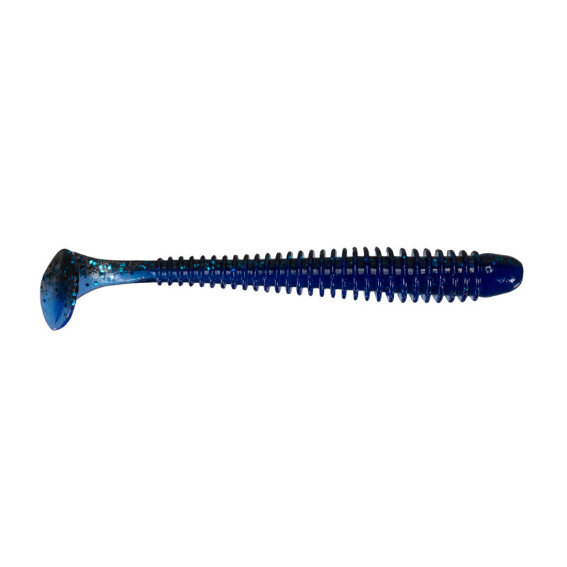 Keitech Swing Impact 3.5" + 4" soft plastic fishing lure in dark blue with ribbed body and paddle tail, designed for effective fishing tackle use.