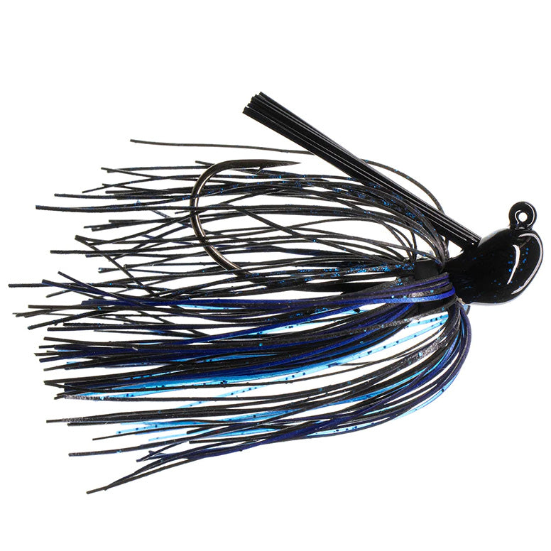 Dirty Jigs Luke Clausen Casting Jig fishing lure with black and blue skirt and weighted head designed for musky fishing tackle and effective casting.