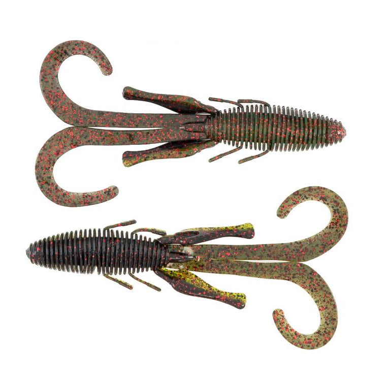 Two soft plastic fishing lures in dark green with red speckles featuring ribbed bodies, multiple appendages including curled tails, designed as Missile Baits D Stroyer for musky fishing tackle.