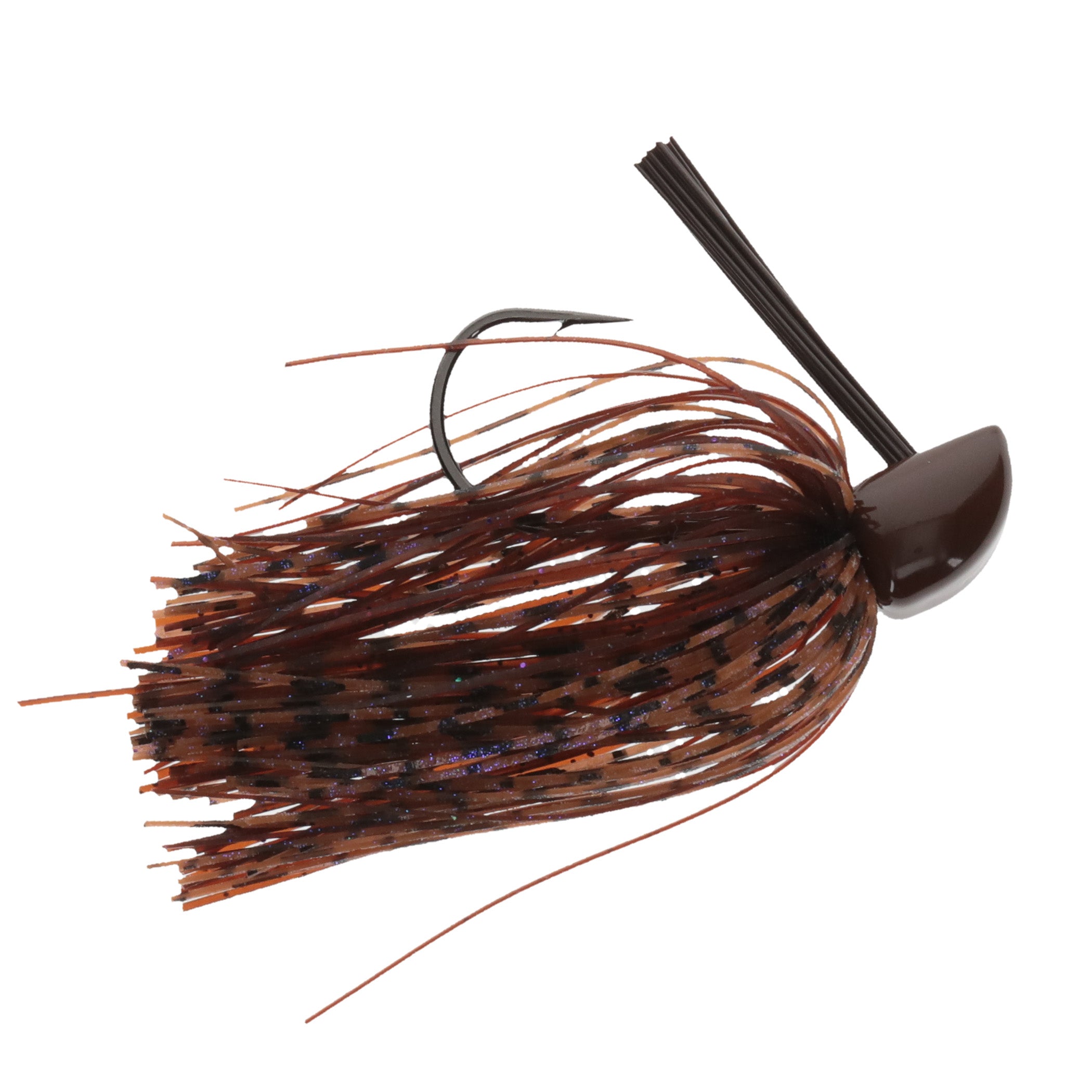 Strike King Compact Tungsten Casting Jig with brown and black speckled silicone skirt, dark tungsten jig head, weed guard, and sharp fishing hook designed for musky fishing tackle.