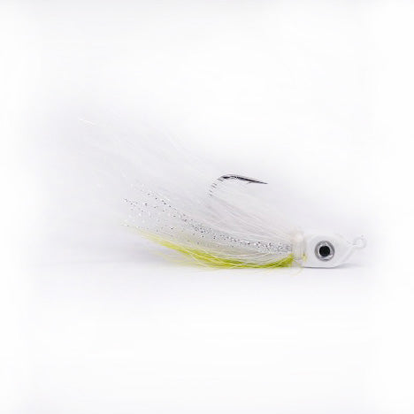 Outkast Tackle Chicken Nugget Hair Jig featuring a white and chartreuse hair design with sparkling accents and a sharp fishing hook, ideal for fishing tackle use.